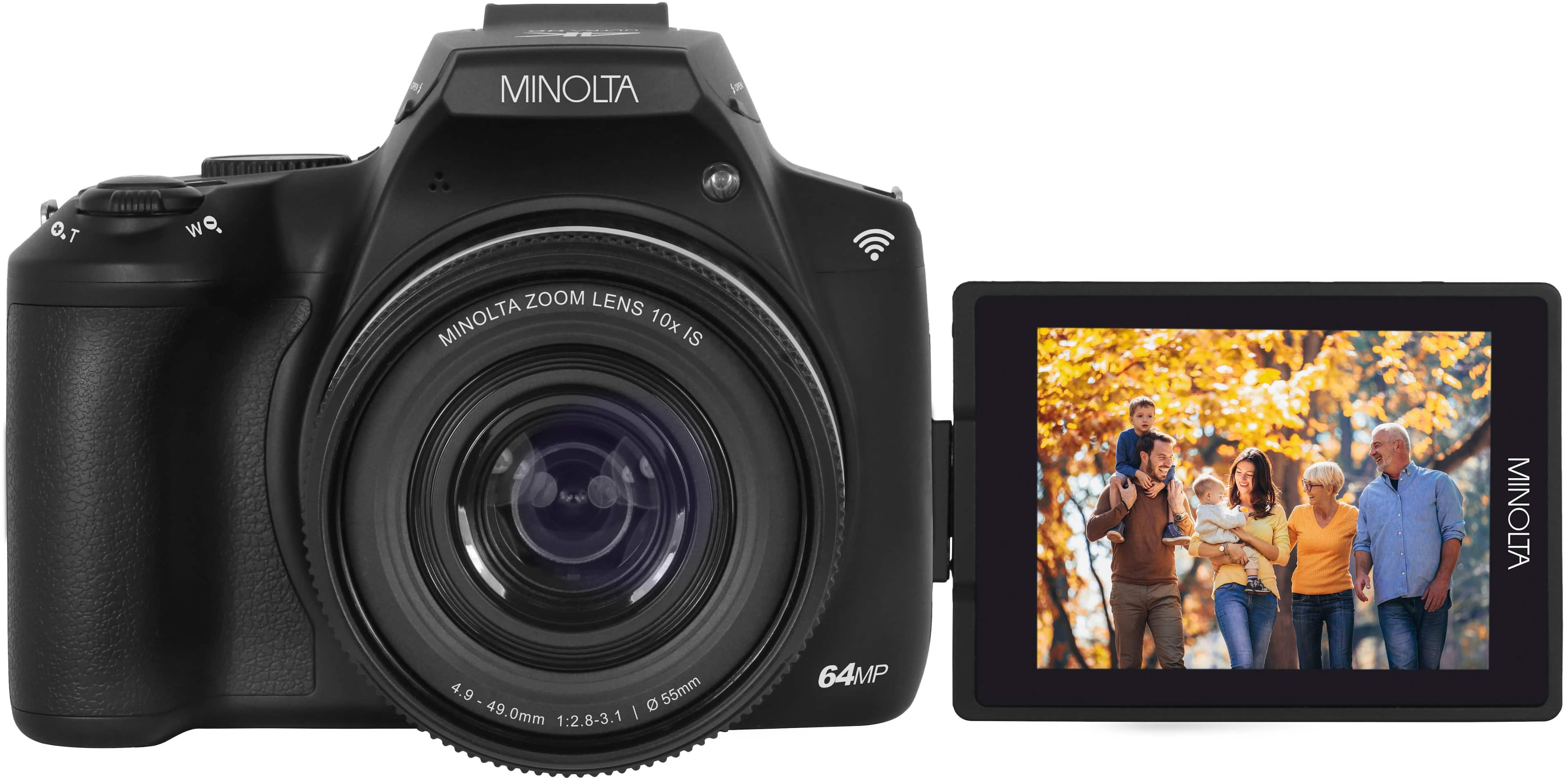 The image features a Minolta camera with a zoom lens, which has a 10x zoom capability. The camera is positioned next to a small screen, possibly a cell phone or a digital camera, displaying a picture of a group of people. The image also includes a close-up of the camera lens, showcasing its zoom capabilities.