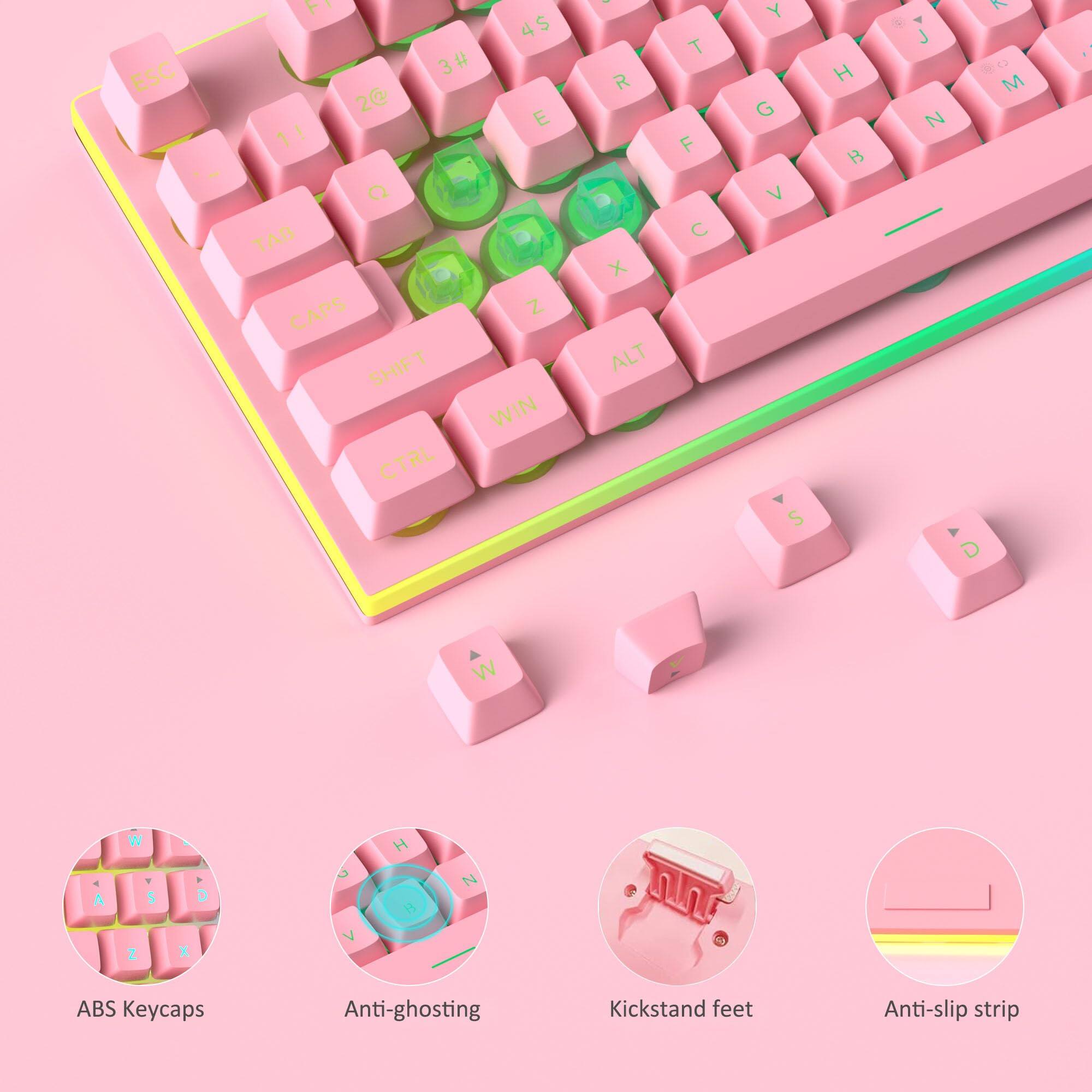 Sure, here is the corrected and grouped text from the image:

**Keyboard Layout:**
- ESC
- F1 4$
- 3#
- 2@
- 1!
- Q
- TAB
- CAPS
- Z
- SHIFT
- WIN
- CTRL
- I
- R
- X
- ALT
- T
- F
- C
- Y
- G
- V
- S
- H
- B
- J
- D
- C3
- M
- N
- D
- W
- Z
- S
- x
- D
- V
- H
- N

**Features:**
- ABS Keycaps
- Anti-ghosting
- Kickstand feet
- Anti-slip strip