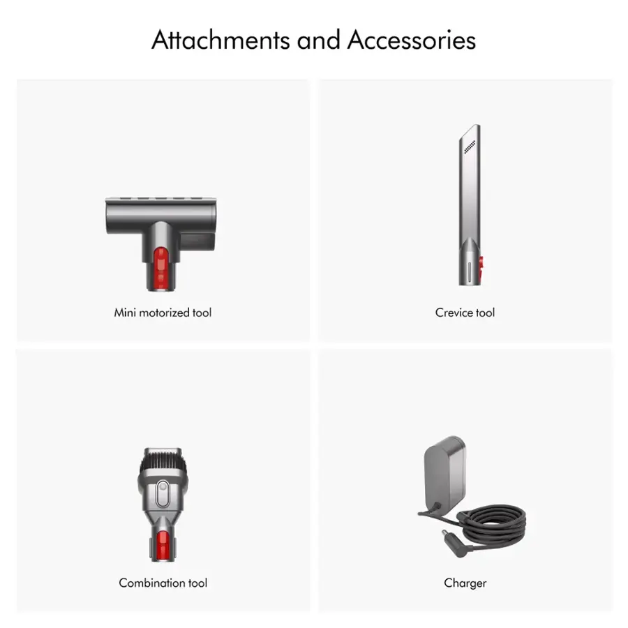 Attachments and Accessories:
- Mini motorized tool
- Crevice tool
- Combination tool
- Charger