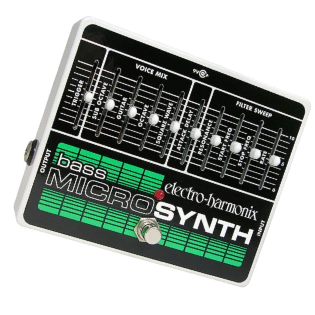 VOICE MIX TRIGGER OCTAVE FILTER SUB GUITAR OCTAVE WAVE DELAY SWEEP SQUARE ATTACK RESONANCE FREQ FREQ 10 OUTPUT START STOP RATE bass MICRO MICROSYNTH SYNTH electro-harmonix INPUT