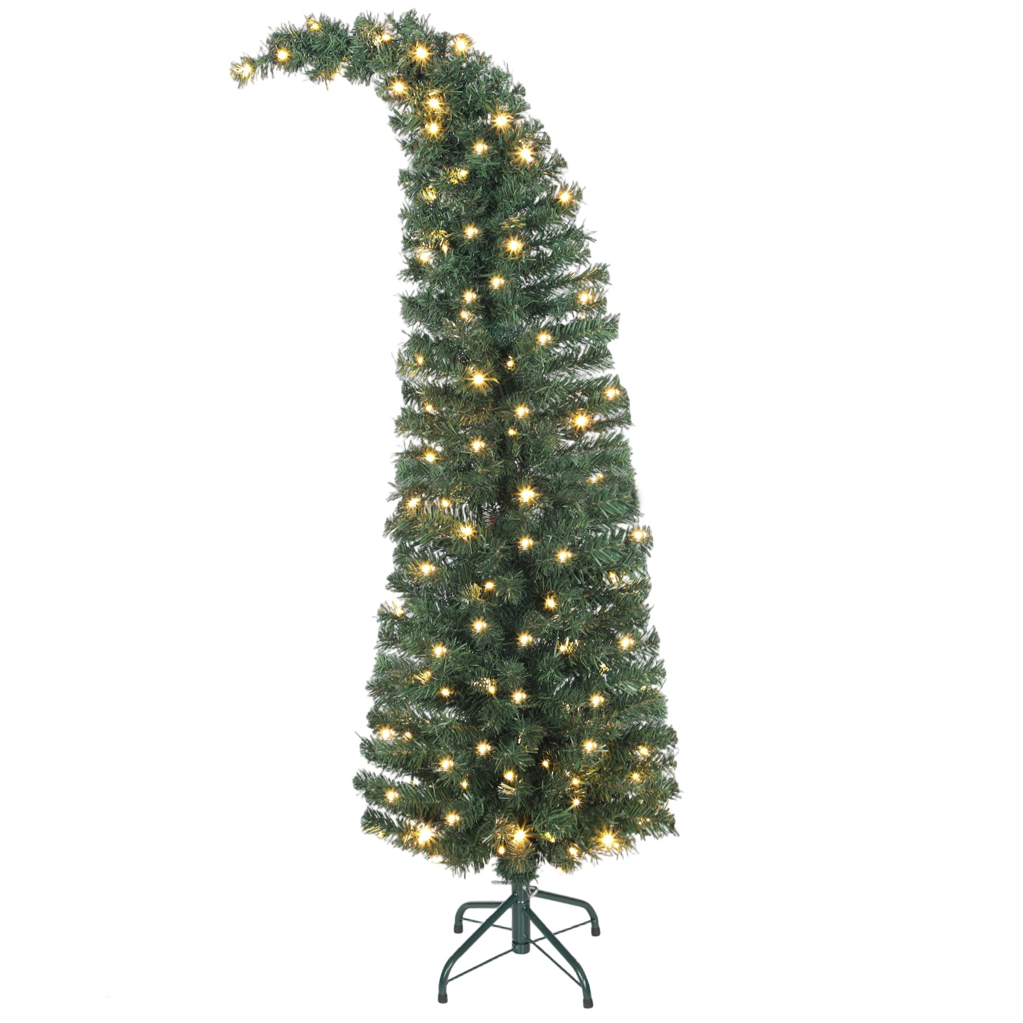 Homcom - Prelit Whimsical Slim Christmas Tree, High Mountain Fir, 100 Warm White LEDs, 8 Modes, 246 Tips, Metal Stand - Green