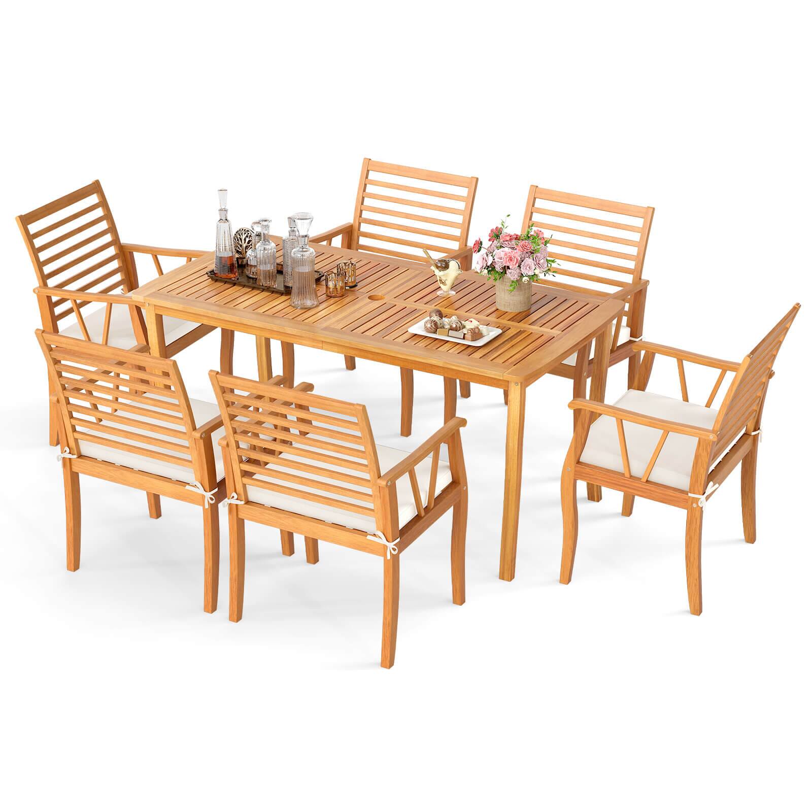 "Costway - 7 PCS Patio Dining Set Acacia Wood Table and Chairs Set with 1.97"" Umbrella Hole - Natural" price history on PriceWatchPro