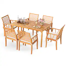 Costway - 7 PCS Patio Dining Set Acacia Wood Table and Chairs Set with 1.97" Umbrella Hole - Natural