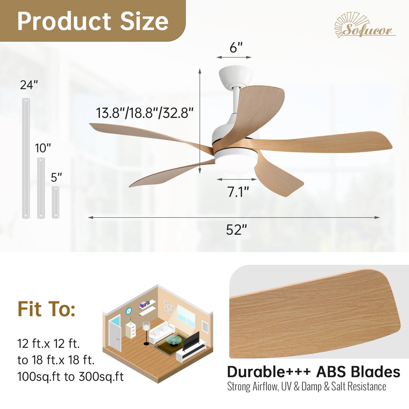 Product Size  
6"  
24"  
13.8"/18.8"/32.8"  
10"  
5"  
7.1"  
52"  

Fit To:  
12 ft. x 12 ft. to 18 ft. x 18 ft.  
100 sq.ft to 300 sq.ft  

Durable+++ ABS Blades  
Strong Airflow, UV & Damp & Salt Resistance