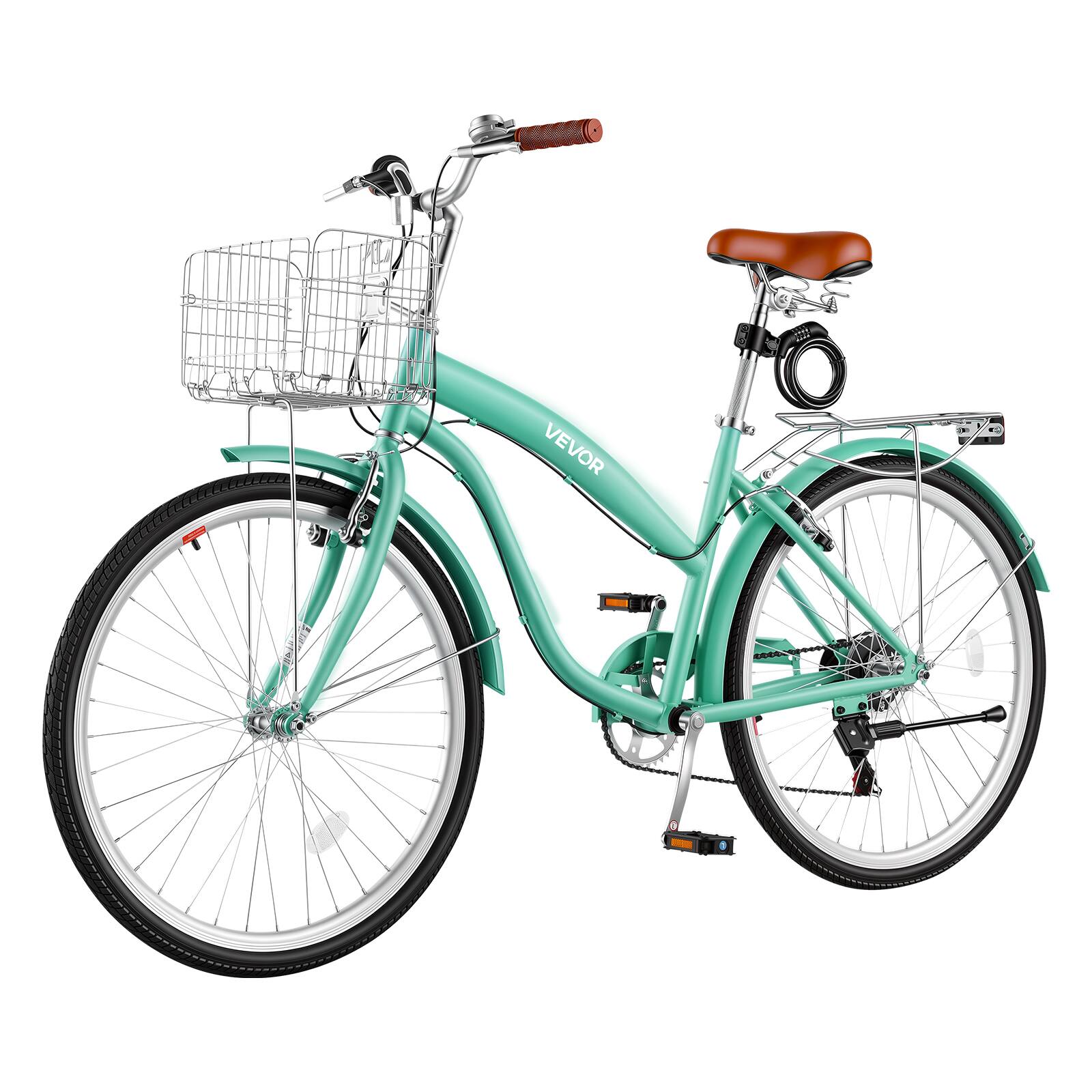 Alt View 5. VEVOR - Women Bike, 26 in Beach Cruiser Bike, 7-Speed Adult City Bicycle with Carbon Steel Frame, 330 lbs Capacity, Basket - Light Green.