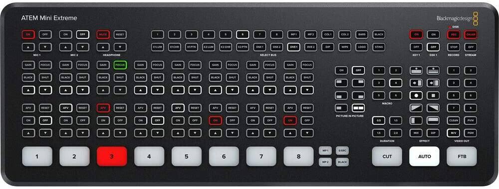 ATEM Mini Extreme  
Blackmagic Design

- ON OFF  
- MUTE RESET  
- MIC1 MIC2  
- GAIN FOCUS  
- HEADPHONE  
- BLACK SHUT  
- APV RESET  
- ON OFF  
- 1 2 3 4 5 6 7 8  
- MP1 MP2  
- COL1 COL2 BARS BLACK  
- Wipe Logo Sting  
- SELECT BUS  
- KEY1 DSK1  
- RECORD STREAM  
- PICTURE IN PICTURE  
- DURATION EFFECT  
- VIDEO OUT  
- CUT AUTO FFB  
- 0.5 1.0 1.5 2.0  
- MIK DEP M/V PGM  
- DISK  
- ON/OFF  
- MACRO  
- CLEAN PVW  
- SSRC BLACK