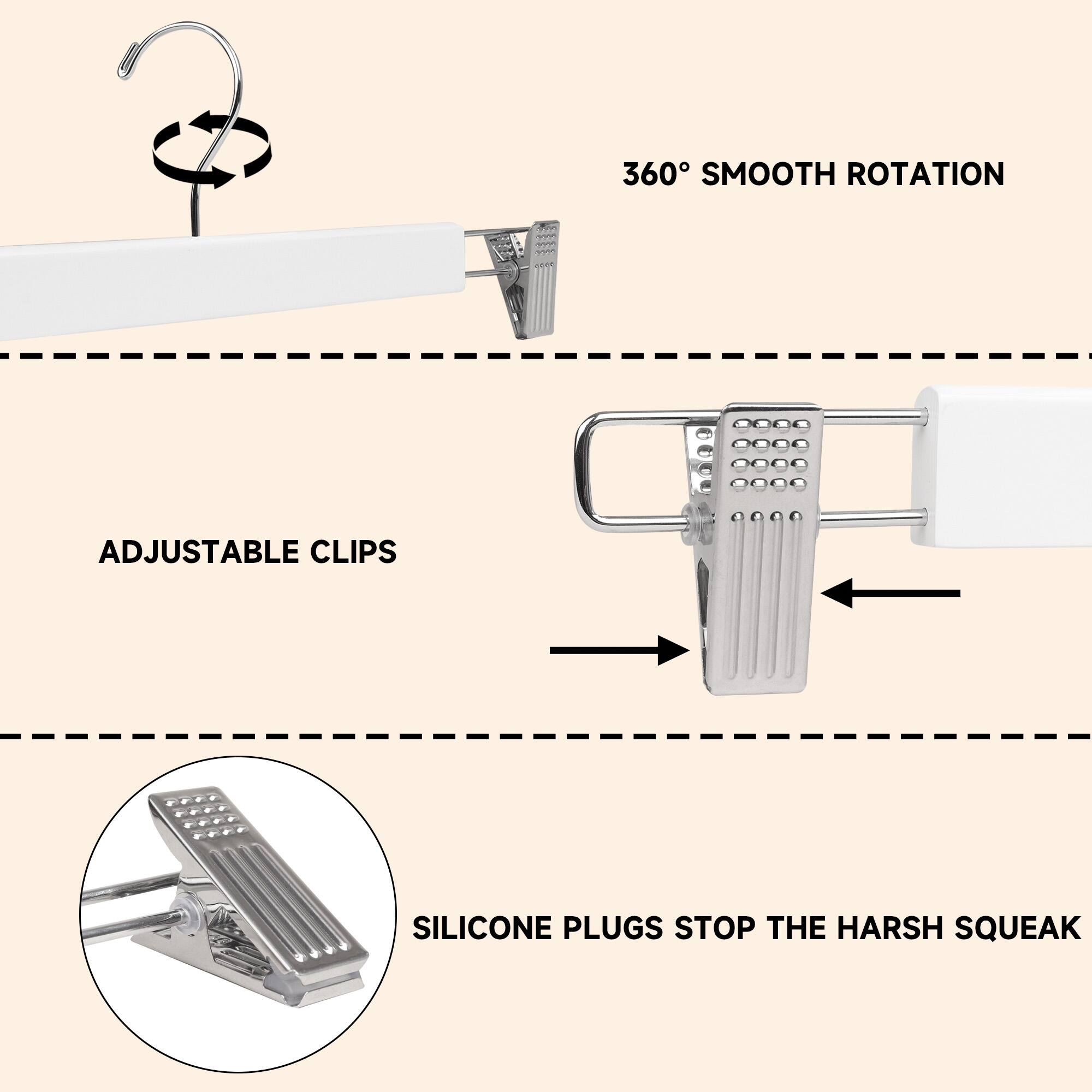 360° SMOOTH ROTATION

ADJUSTABLE CLIPS

SILICONE PLUGS STOP THE HARSH SQUEAK