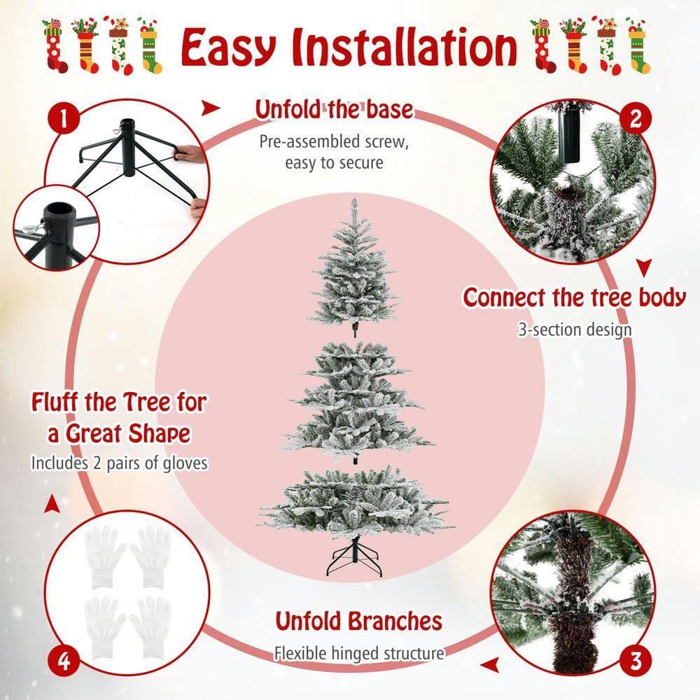Easy Installation

1. Unfold the base
   - Pre-assembled screw, easy to secure

2. Connect the tree body
   - 3-section design

3. Unfold Branches
   - Flexible hinged structure

4. Fluff the Tree for a Great Shape
   - Includes 2 pairs of gloves