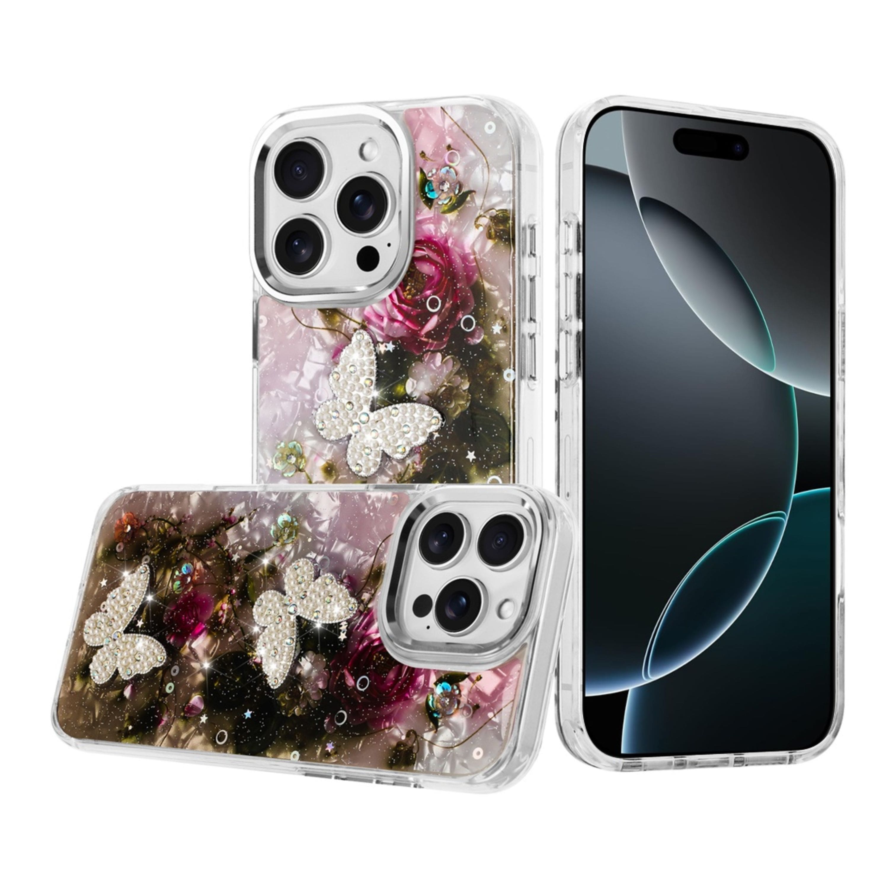 Kitcheniva - Epoxy Glitter 3D Beaded Butterflies Phone Case With Tempered Glass For iPhone 16 Pro Max - Multicolor price history on PriceWatchPro