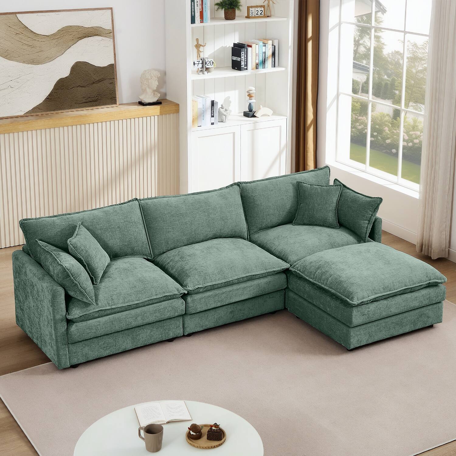 10:10 Games - 102" L Shaped Couch Set for Living Room, Modular Sectional Sofa with Ottoman - Mint Green - Mint Green