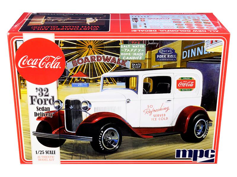 Sure, here is the corrected and grouped text from the image:

---

**Coca-Cola**

**1/25 SCALE AUTHENTIC MODEL KIT**

**'32 Ford Sedan Delivery**

**SO Refreshing SERVED ICE COLD**

**BOARDWALK**

**SALT WATER ~TAFFY~ HOME-MADE CANDIES**

**SKATE SHOP**

**HUCK'S PORK ROLL SANDWICH**

**DINNERS**

**Coca-Cola PAUSE**

**REFRESH**

**mpc**

---

This text is organized to reflect the various elements and branding visible on the packaging.