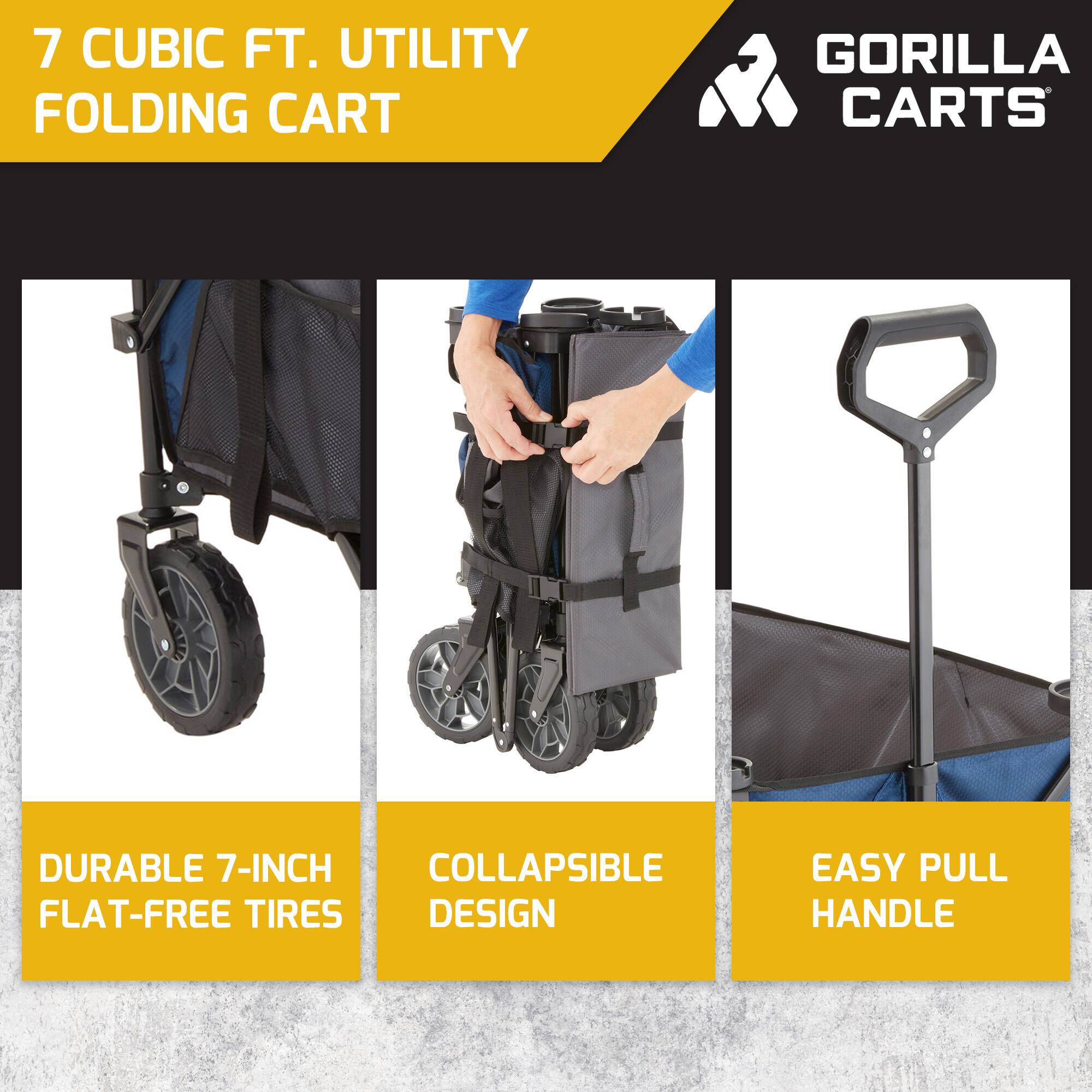 7 CUBIC FT. UTILITY FOLDING CART  
GORILLA CARTS  

- DURABLE 7-INCH FLAT-FREE TIRES  
- COLLAPSIBLE DESIGN  
- EASY PULL HANDLE