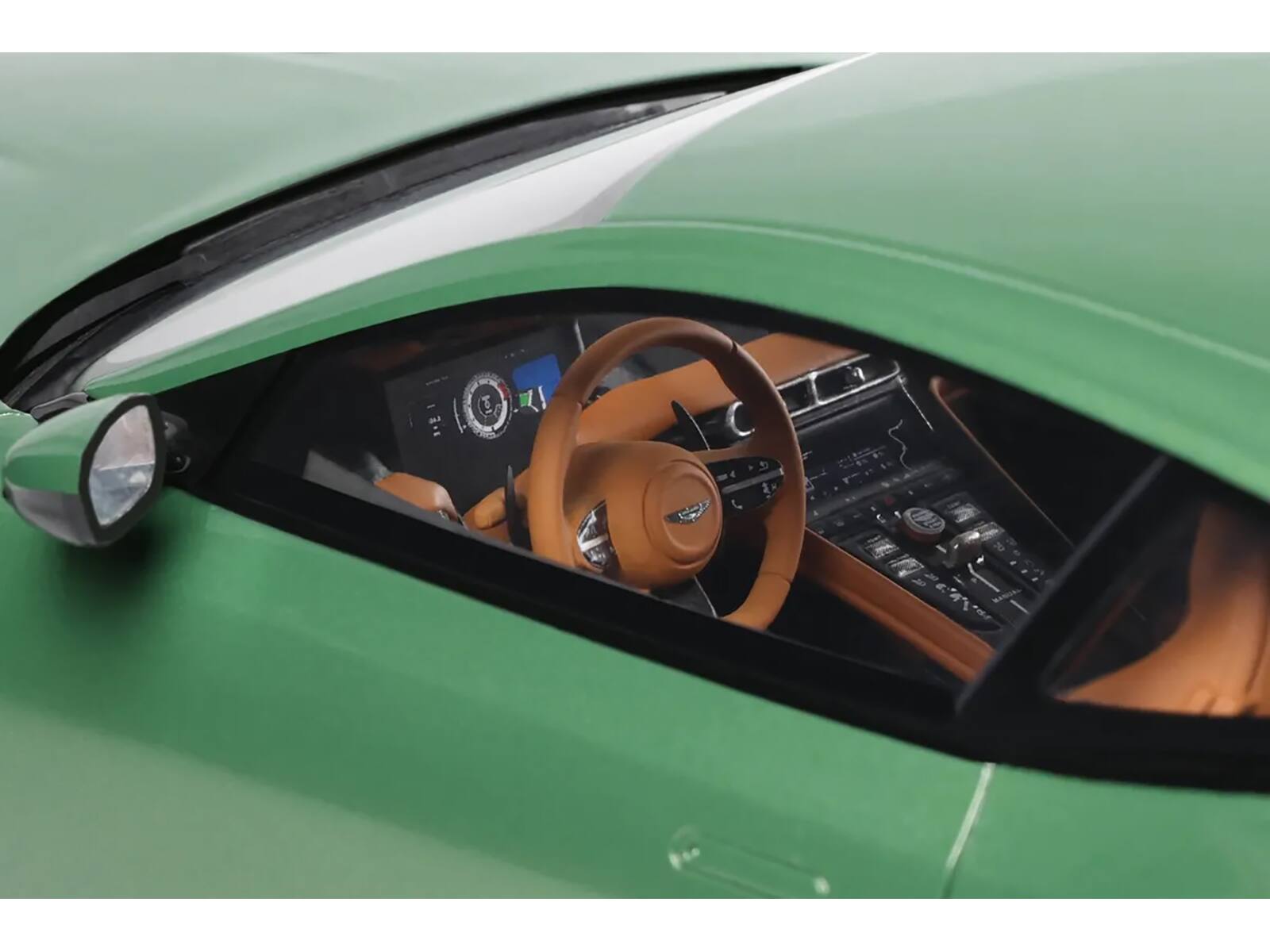 Angle. GT Spirit - 2023 Aston Martin DB12 Green Metallic 1/18 Model Car by GT Spirit - Green Metallic.