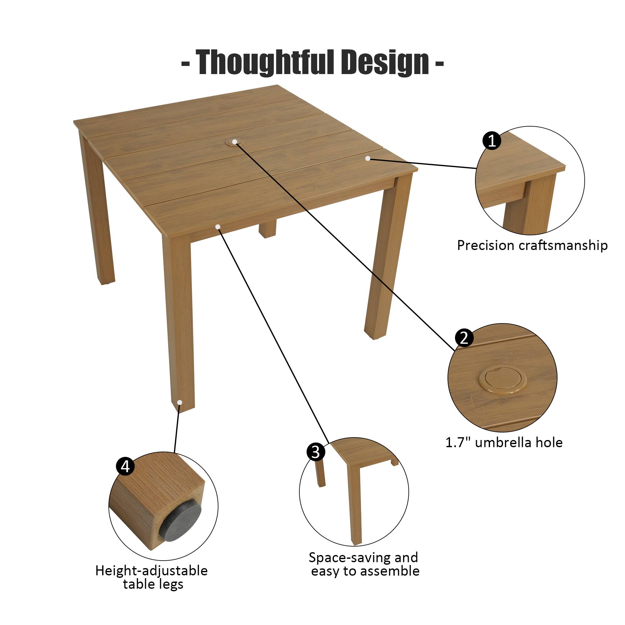 - Thoughtful Design -
1. Precision craftsmanship
2. 1.7" umbrella hole
3. Space-saving and easy to assemble
4. Height-adjustable table legs