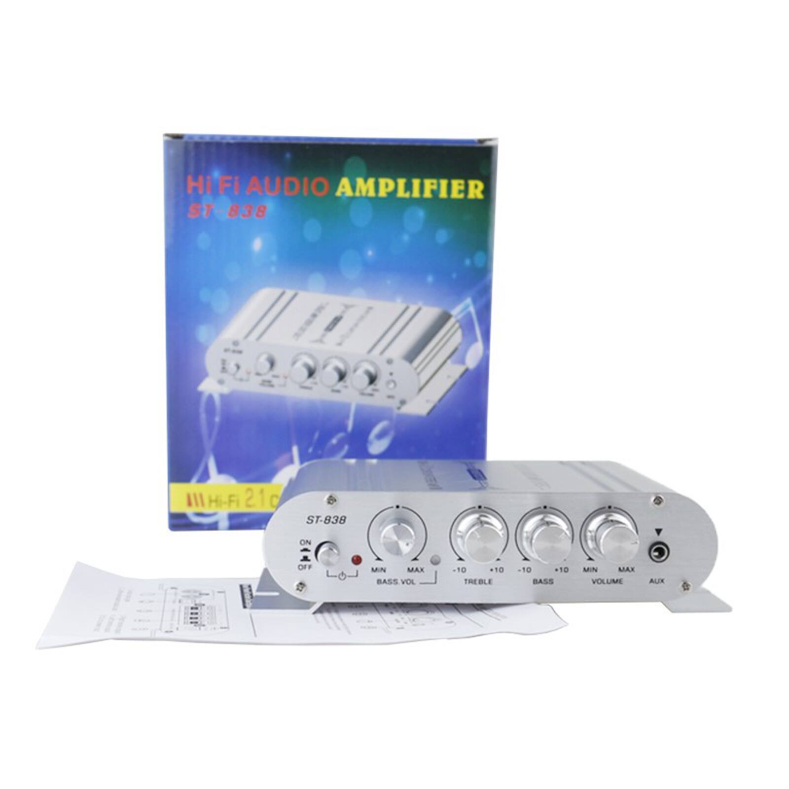 Hi-Fi Audio Amplifier  
ST-838 III  
Hi-Fi 21c  

ST-838  
ON/OFF  
MIN  
BASS VOL  
TREBLE  
BASS  
VOLUME  
AUX  

MIN  
MAX  
-10  
+10  
-10  
+10  
MIN  
MAX