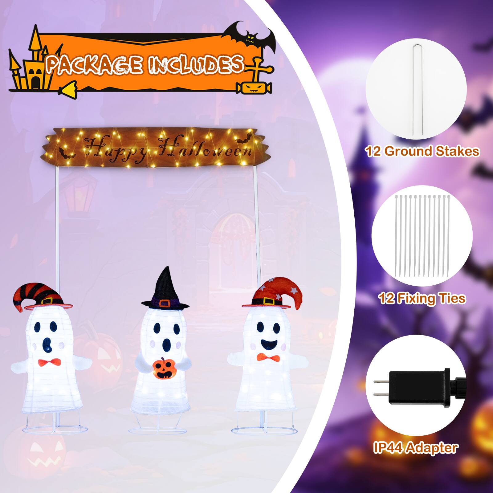 PACKAGE INCLUDES

- 12 Ground Stakes
- 12 Fixing Ties
- IP44 Adapter