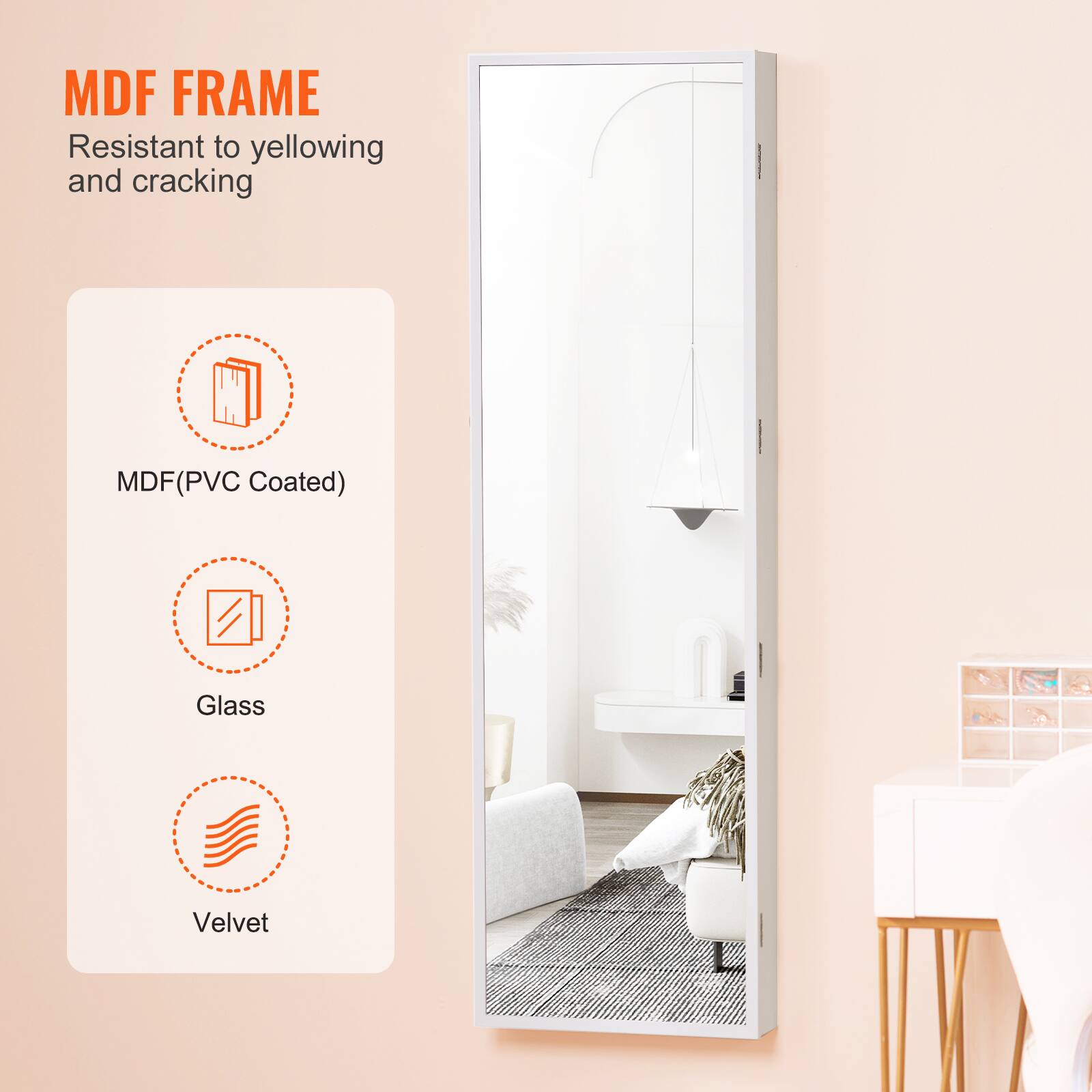 MDF FRAME  
Resistant to yellowing and cracking  

MDF(PVC Coated)  
Glass  
Velvet