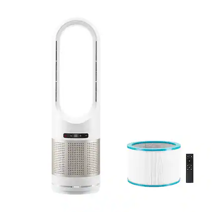 Front. HOMLUX - 34" Oscillating White Tower Fan 8H Timer 16.4ft/s High Velocity with Remote Control, Filter, Thermostat - White+Gold.