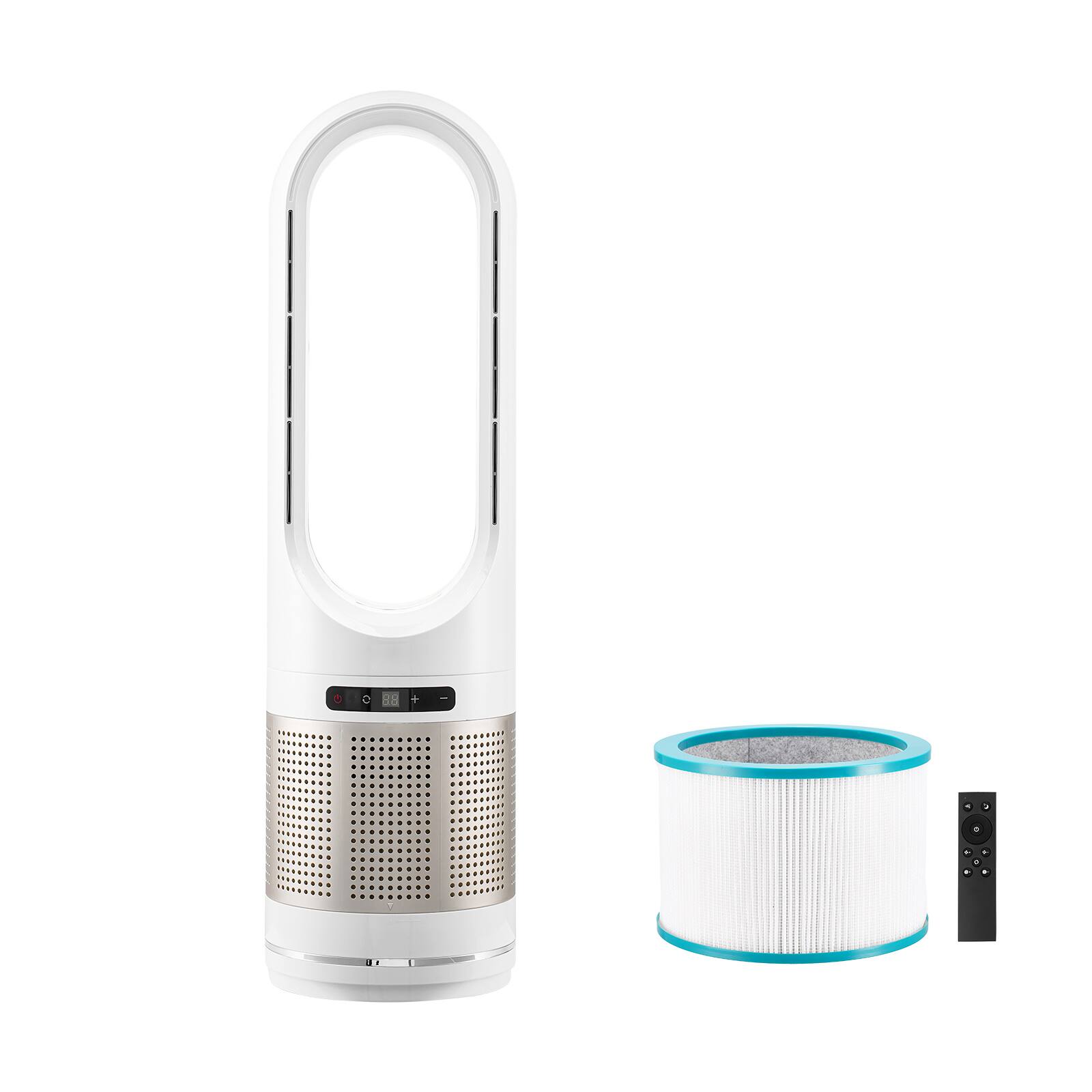 Front. HOMLUX - 34" Oscillating White Tower Fan 8H Timer 16.4ft/s High Velocity with Remote Control, Filter, Thermostat - White+Gold.