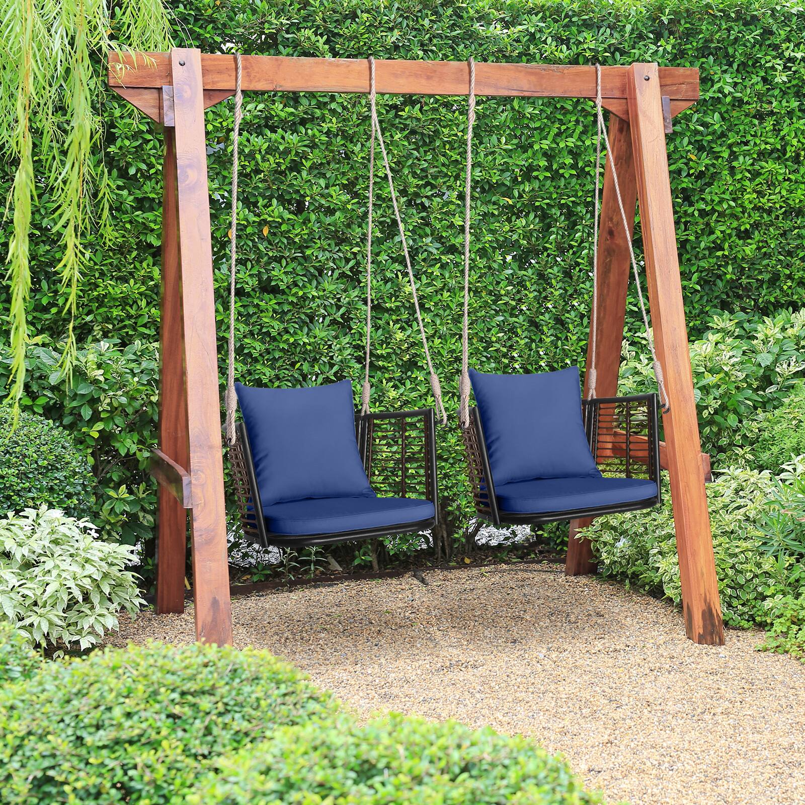 Alt View 4. Costway - Costway 2 PCS Patio Hanging Rattan Basket Chair Swing Hammock Chair with Seat Cushion - Mix Brown,Navy.