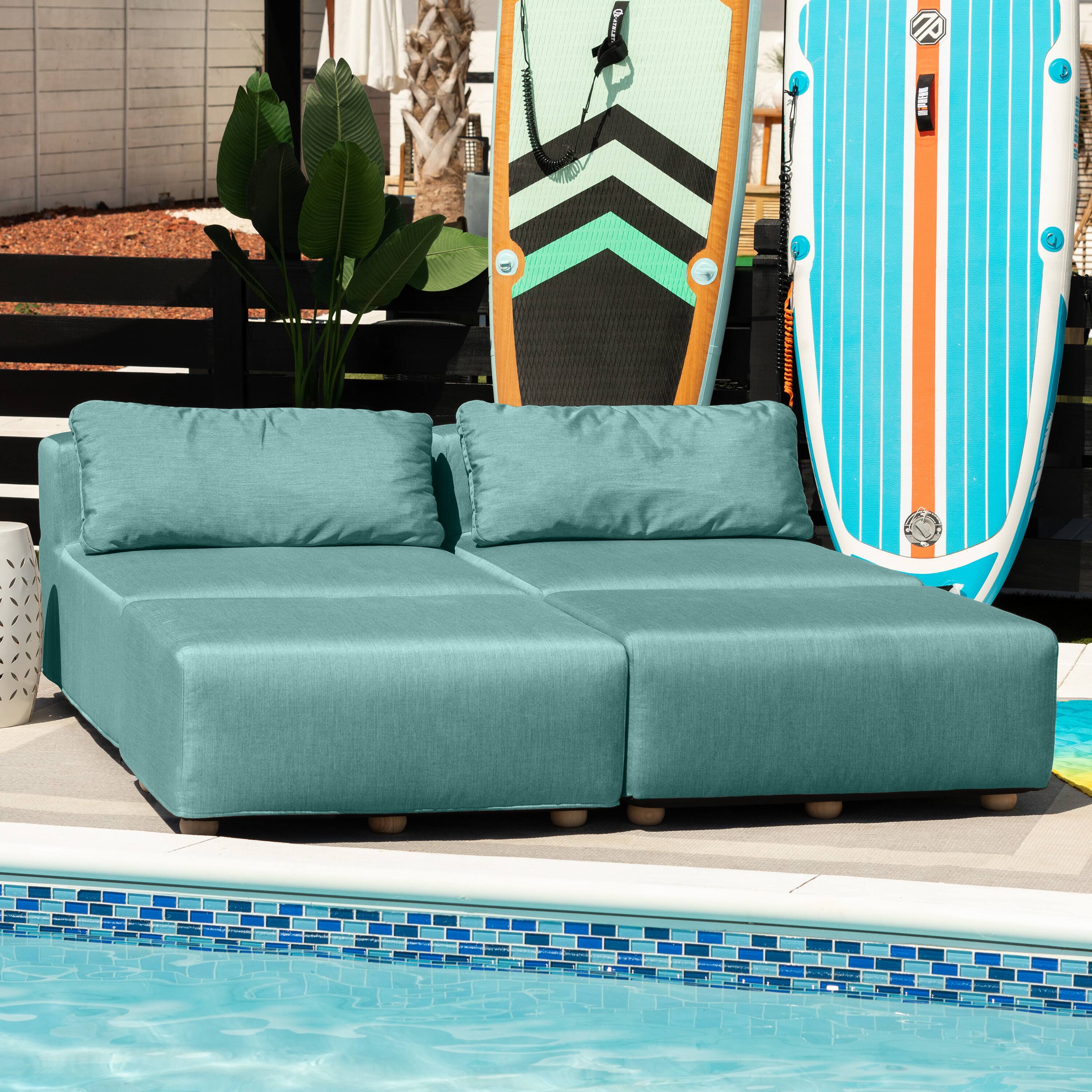 Angle. Jaxx - Jaxx Vada Outdoor Sun Lounger Luxury Modular Chaise & Ottoman w/ Sunbrella Fabric & Waterproof Cover, Sunbrella Breeze - Breeze.