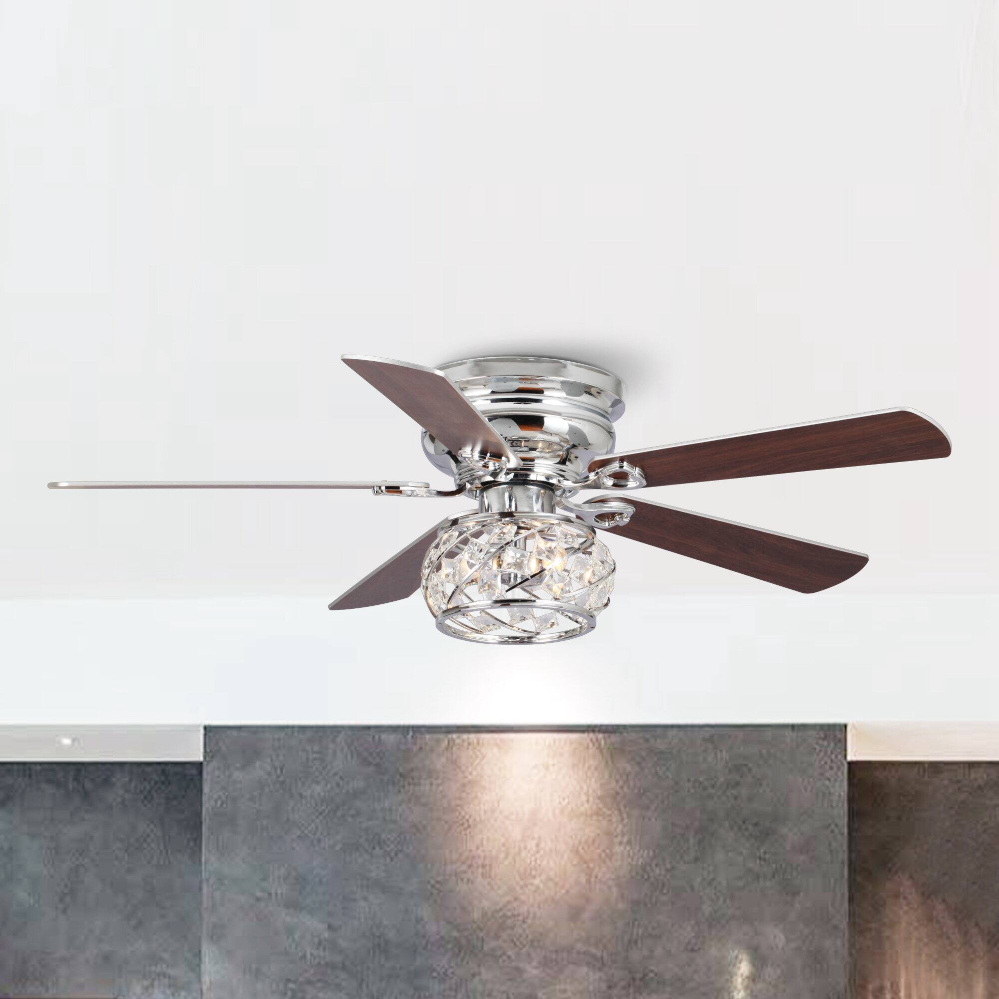 Alt View 10. Parrot Uncle - 48" Chrome Modern 5-Blade Crystal Flush Mount Ceiling Fan with Remote - Chrome.