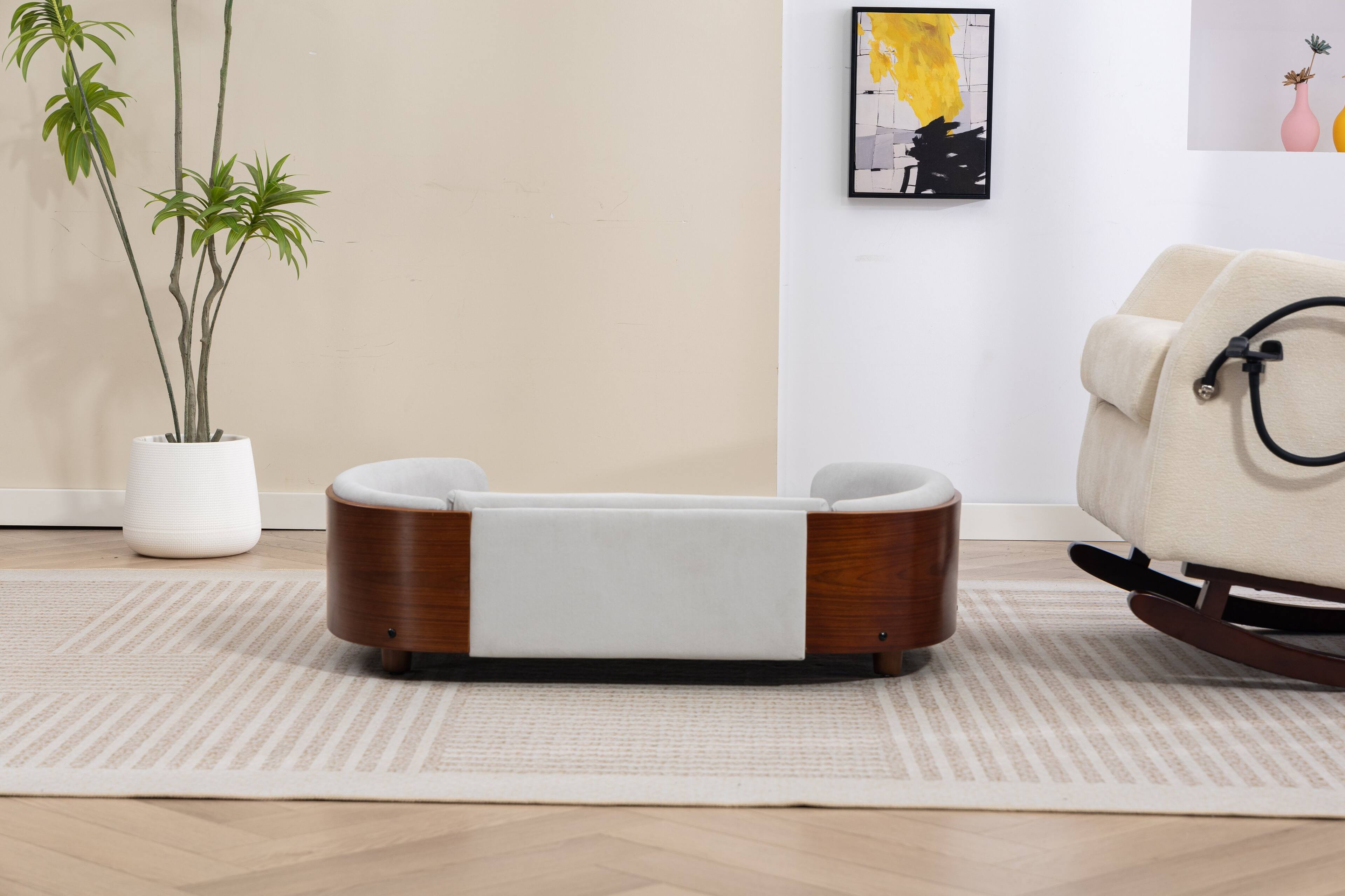 Alt View 9. Siljoy - Large Light Gray Velvet Pet Sofa, Scandinavian Elevated Dog Bed with Solid Walnut Legs & Bent Back - Light Gray.