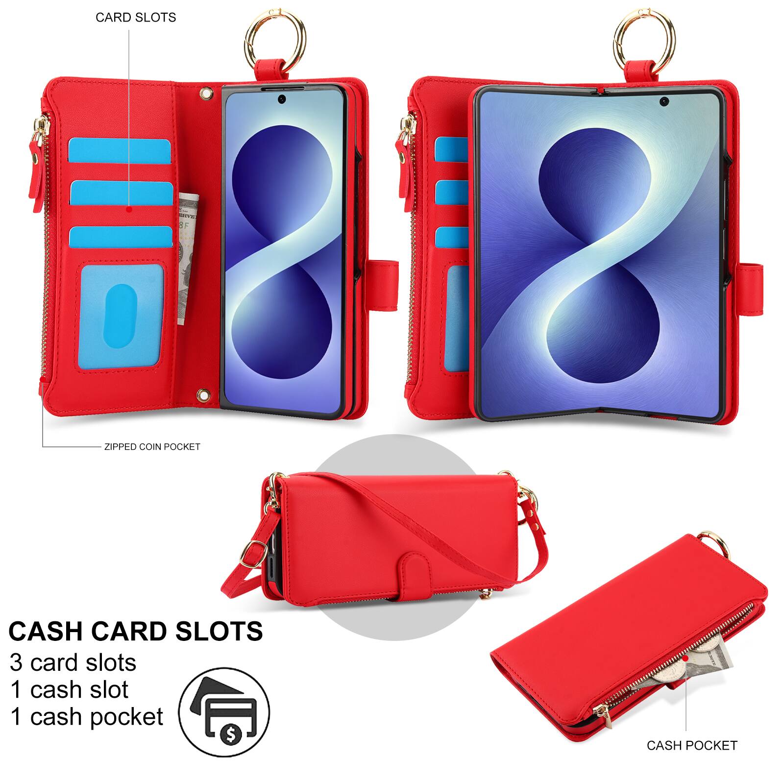 CARD SLOTS  
ZIPPER COIN POCKET

CASH CARD SLOTS  
3 card slots  
1 cash slot  
1 cash pocket