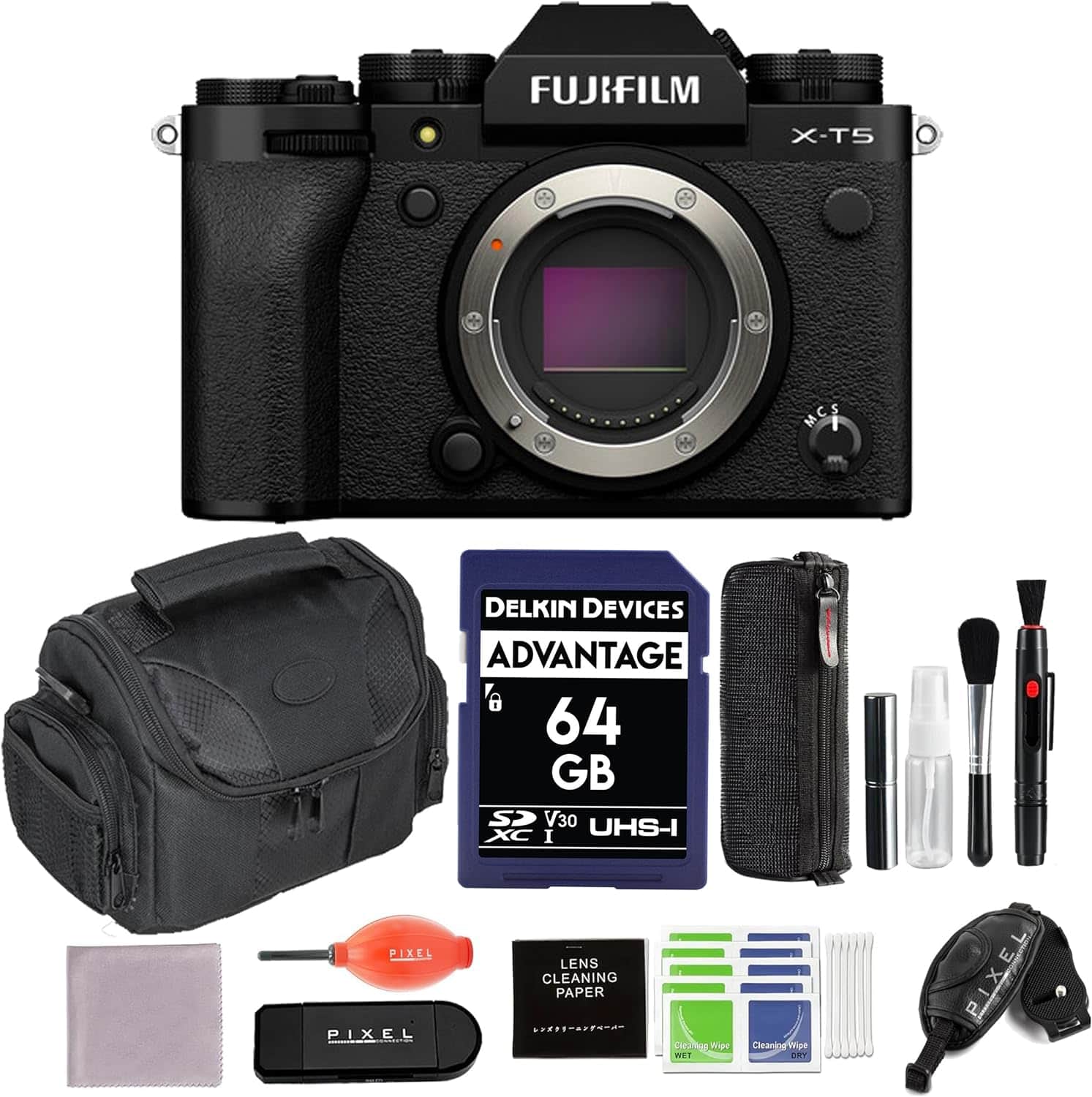 Fujifilm - X-T5 Mirrorless Camera (Black) Bundle with 64GB Memory Card, Gadget Bag, Card Reader & More