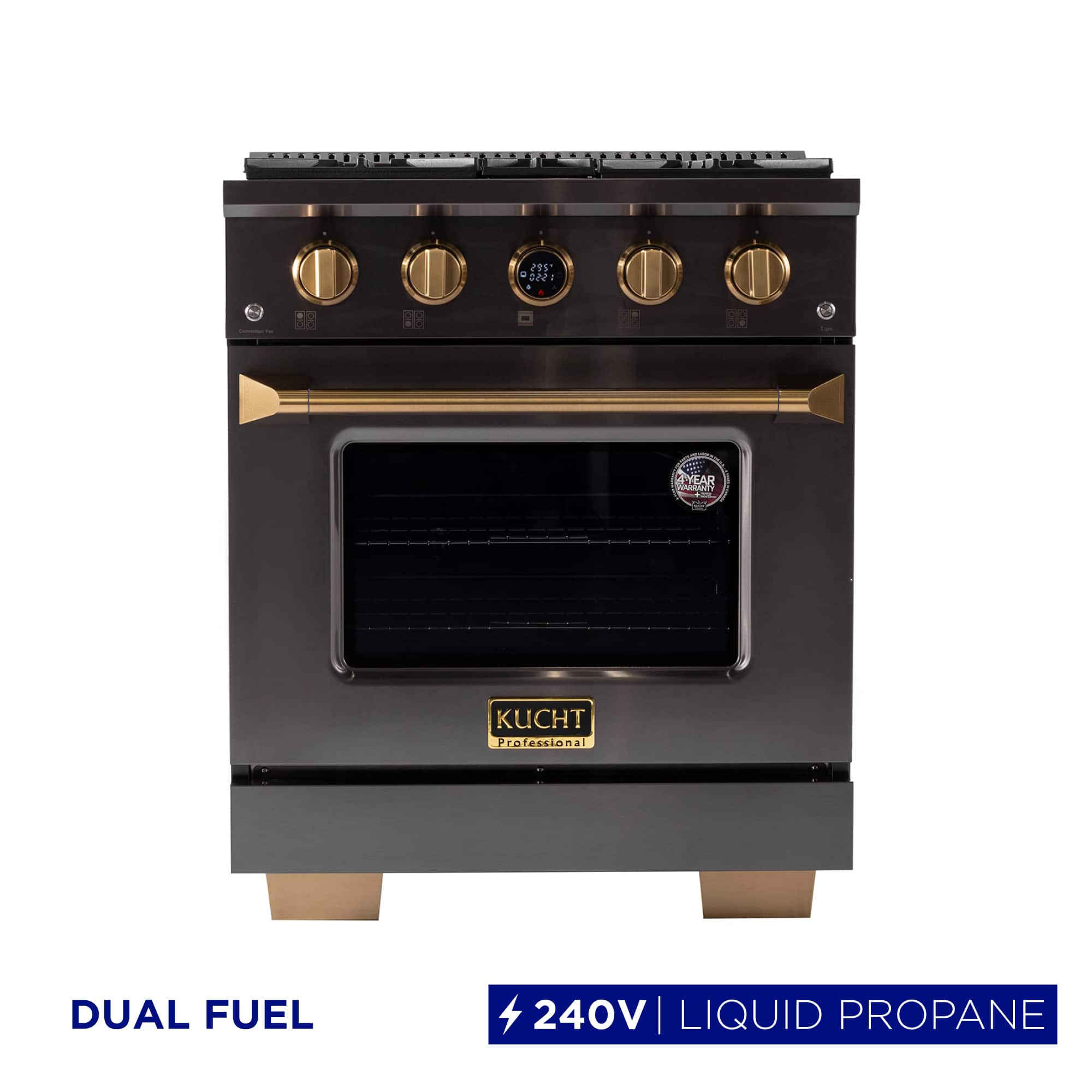 30 in. 4.2 cu. ft. Dual Fuel Range, 4 Burners, LP, Titanium SS, Kucht Horus Thermostat - Gemstone