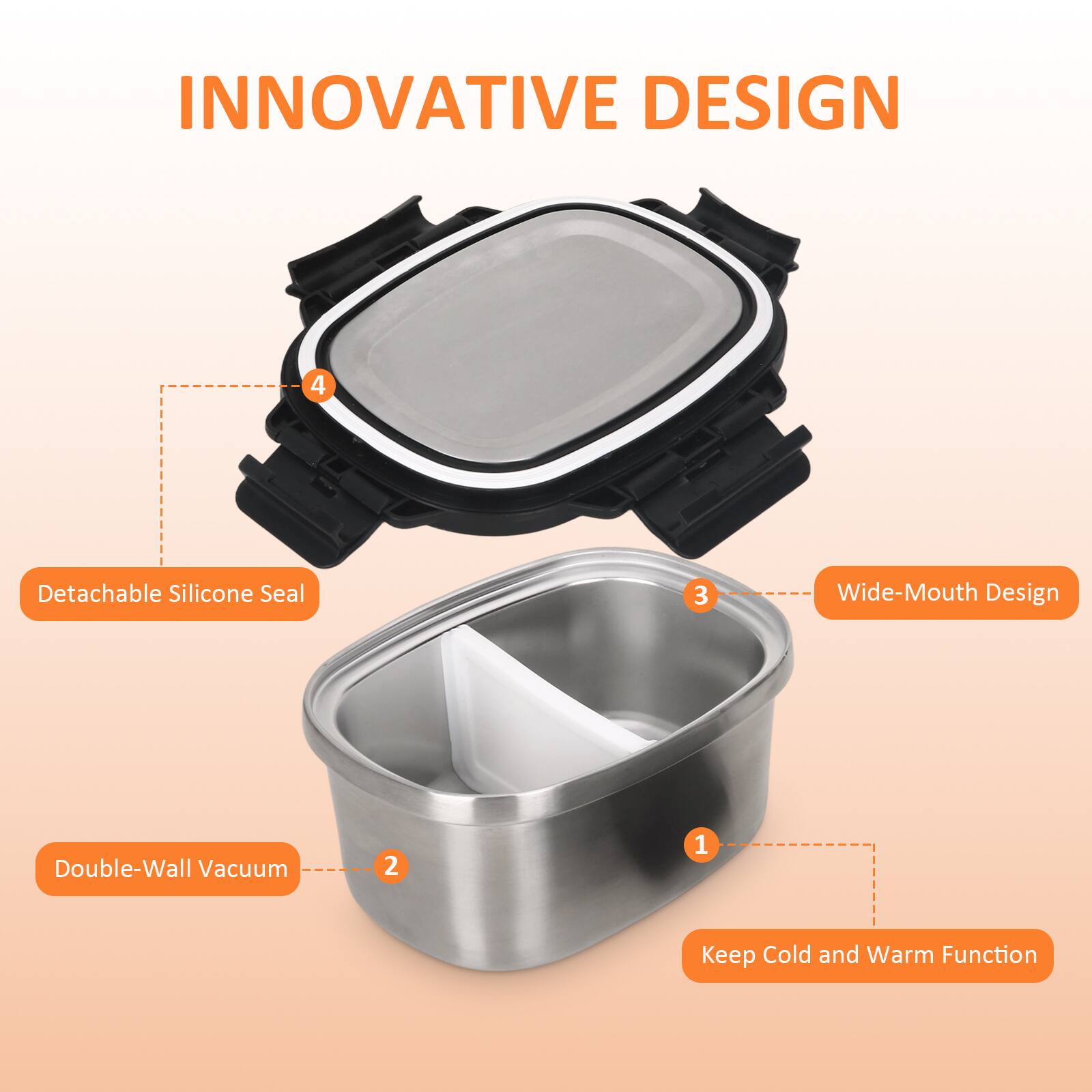 INNOVATIVE DESIGN

1. Keep Cold and Warm Function
2. Double-Wall Vacuum
3. Wide-Mouth Design
4. Detachable Silicone Seal