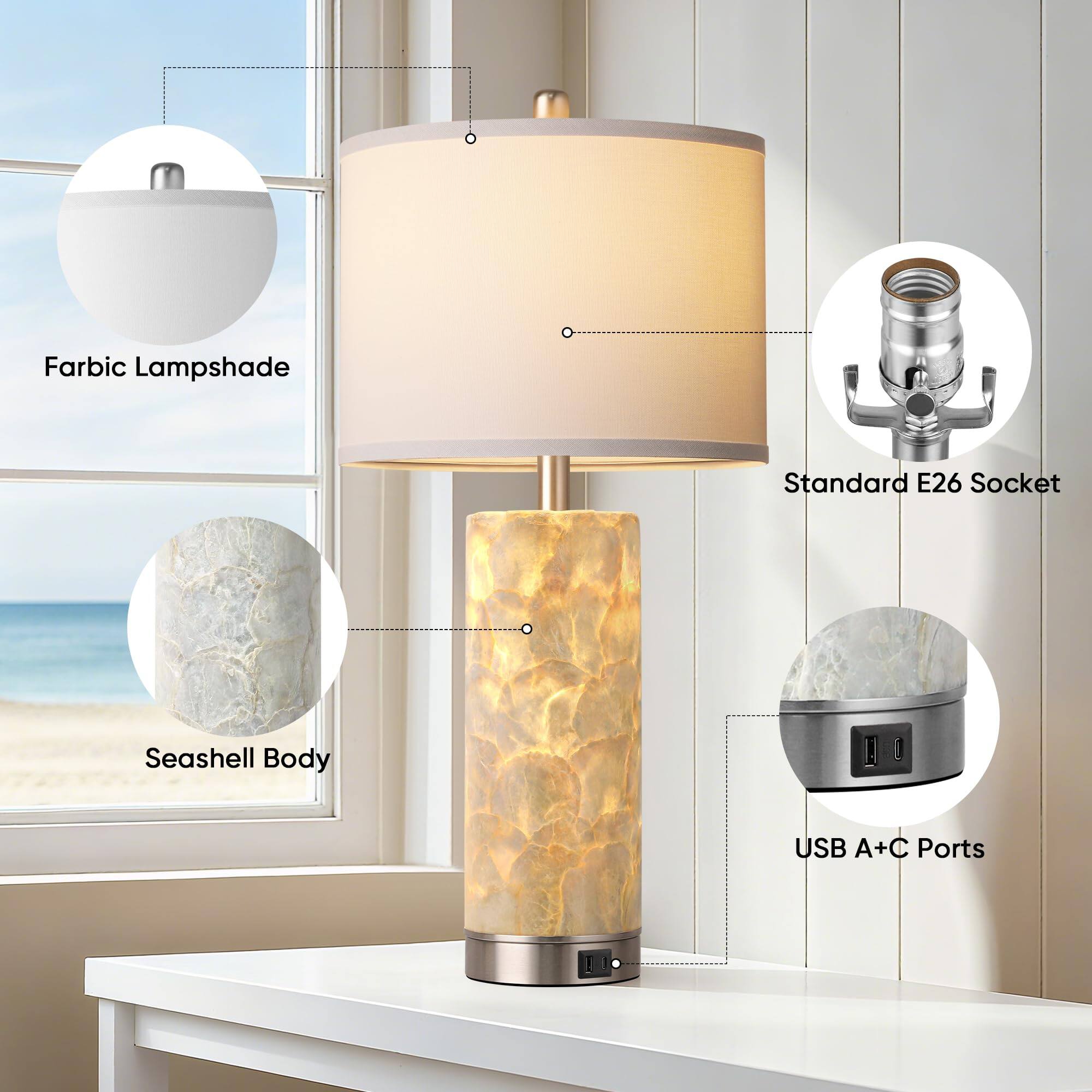 Fabric Lampshade  
Standard E26 Socket  
Seashell Body  
USB A+C Ports