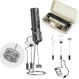 COWIN - Rechargeable Electric Milk Frother, 3-Speed Handheld Foam Maker with 3 Interchangeable Heads, USB-C Charging, Storage Ca - Black