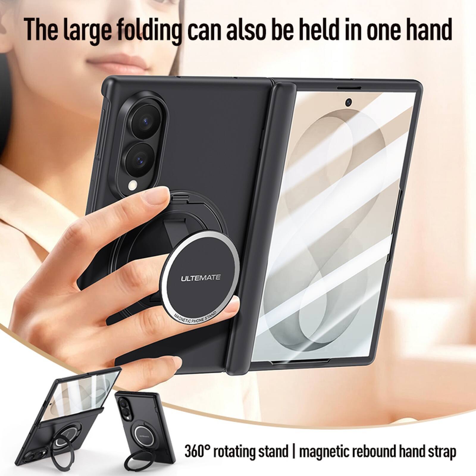 The large folding can also be held in one hand  
ULTIMATE MALTICHONES PHONE STAND  
360° rotating stand | magnetic rebound hand strap