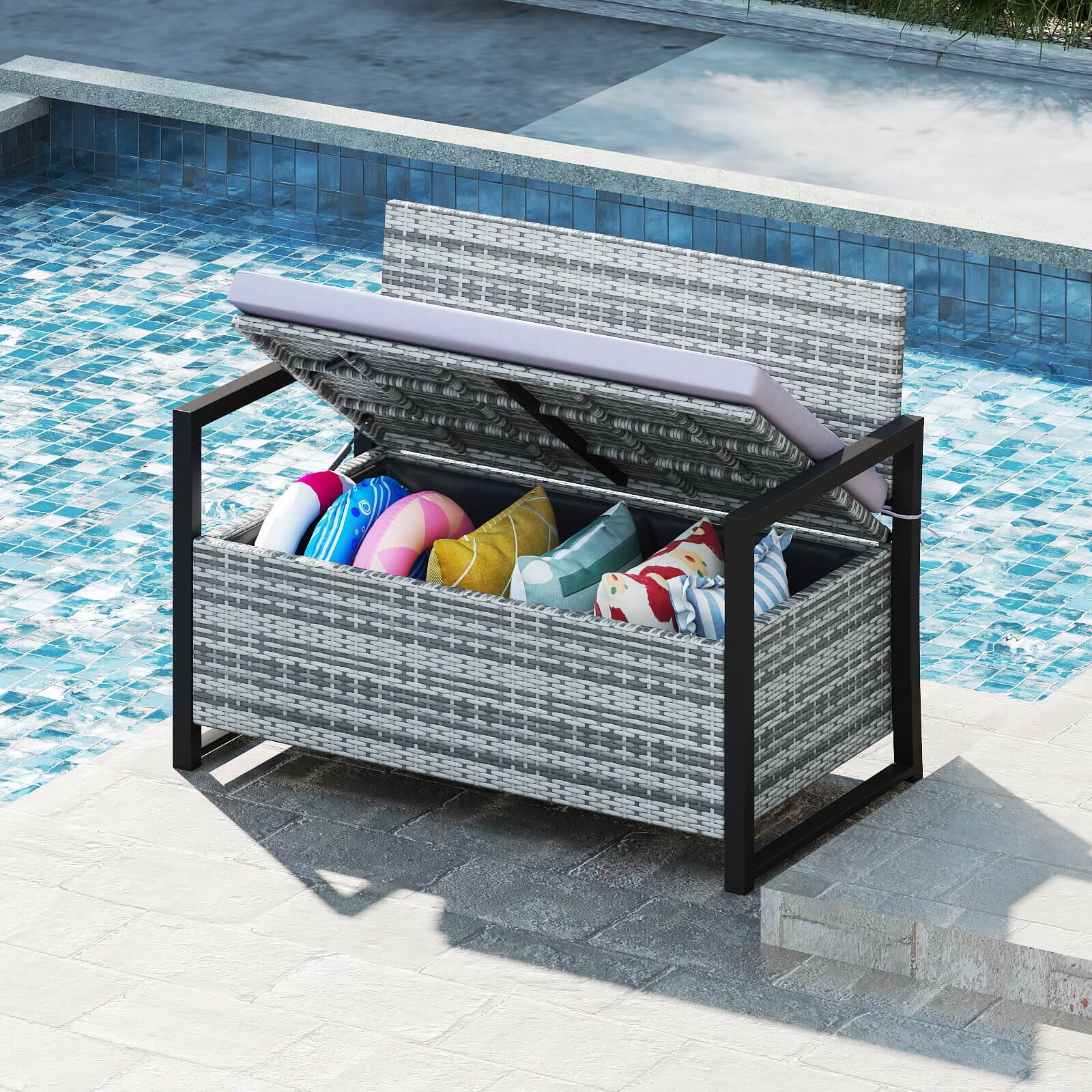 Alt View 4. Costway - Costway Patio Storage Bench Wicker Loveseat with Built-in Storage & Long Seat Cushion - Gray.