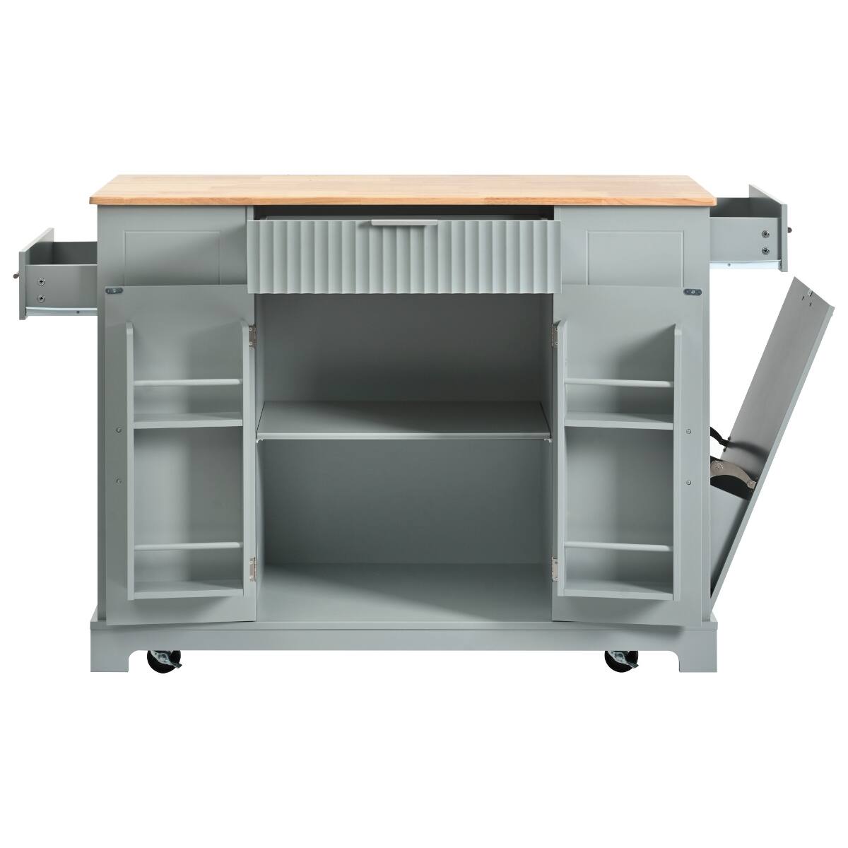 Alt View 4. Loheer - Loheer Kitchen Island with Trash Can Storage, Rubber Wood Top, Grey Blue - Grey Blue.