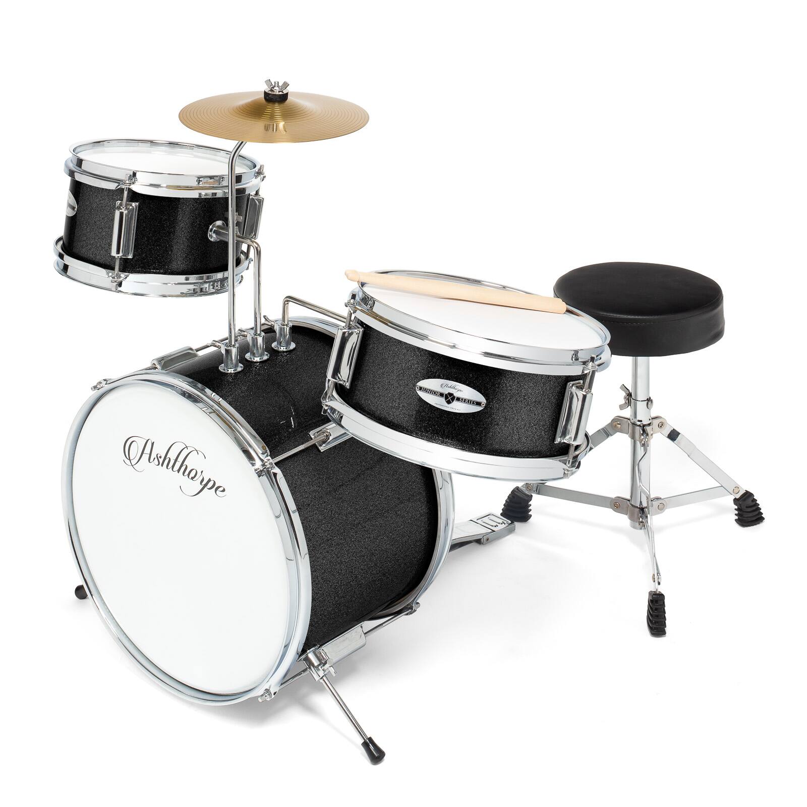 Ashthorpe - Beginner Drum Kit with Brass Cymbals (Set of 3) - Black