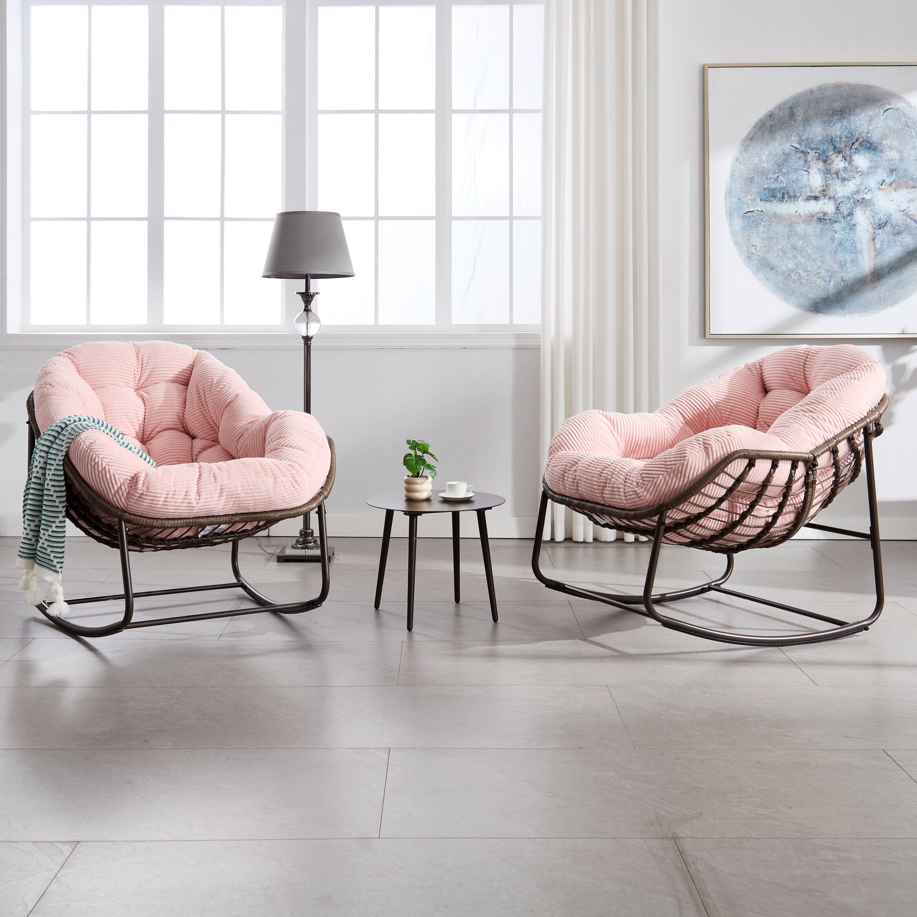 Angle. GOODSILO - Outdoor Rattan Rocking Chair Padded Cushion Rocker Recliner for Porch, Living Room, Patio, Garden - Pink.