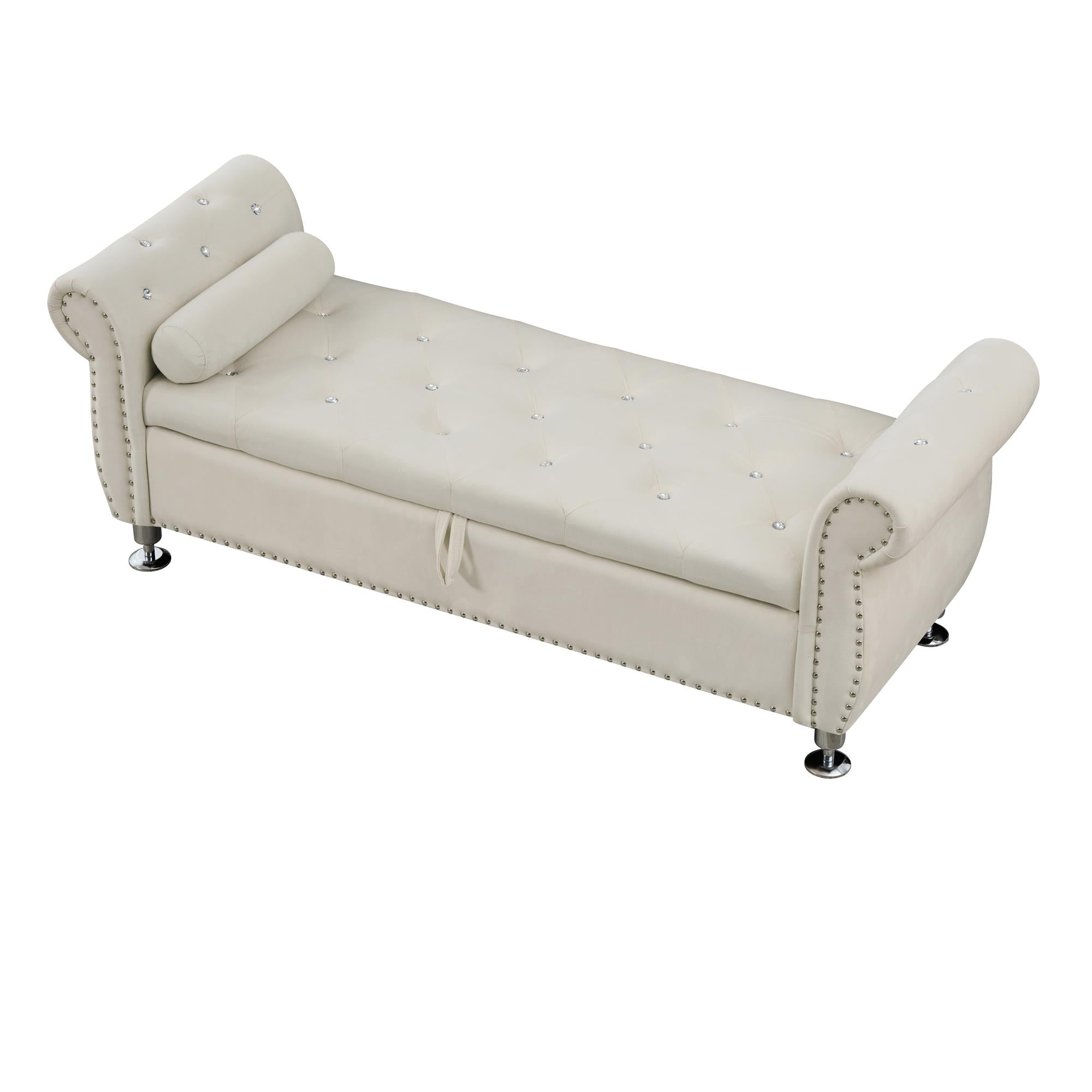 Boyel Living - 62.2In Velvet Storage Bench w Crystal Buttons&Pillow for Bedroom Living Room - Beige