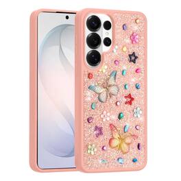 Kitcheniva - Butterfly 3D Jewel Glitter Phone Case With Tempered Glass For Samsung Galaxy S26 Ultra - Light Pink