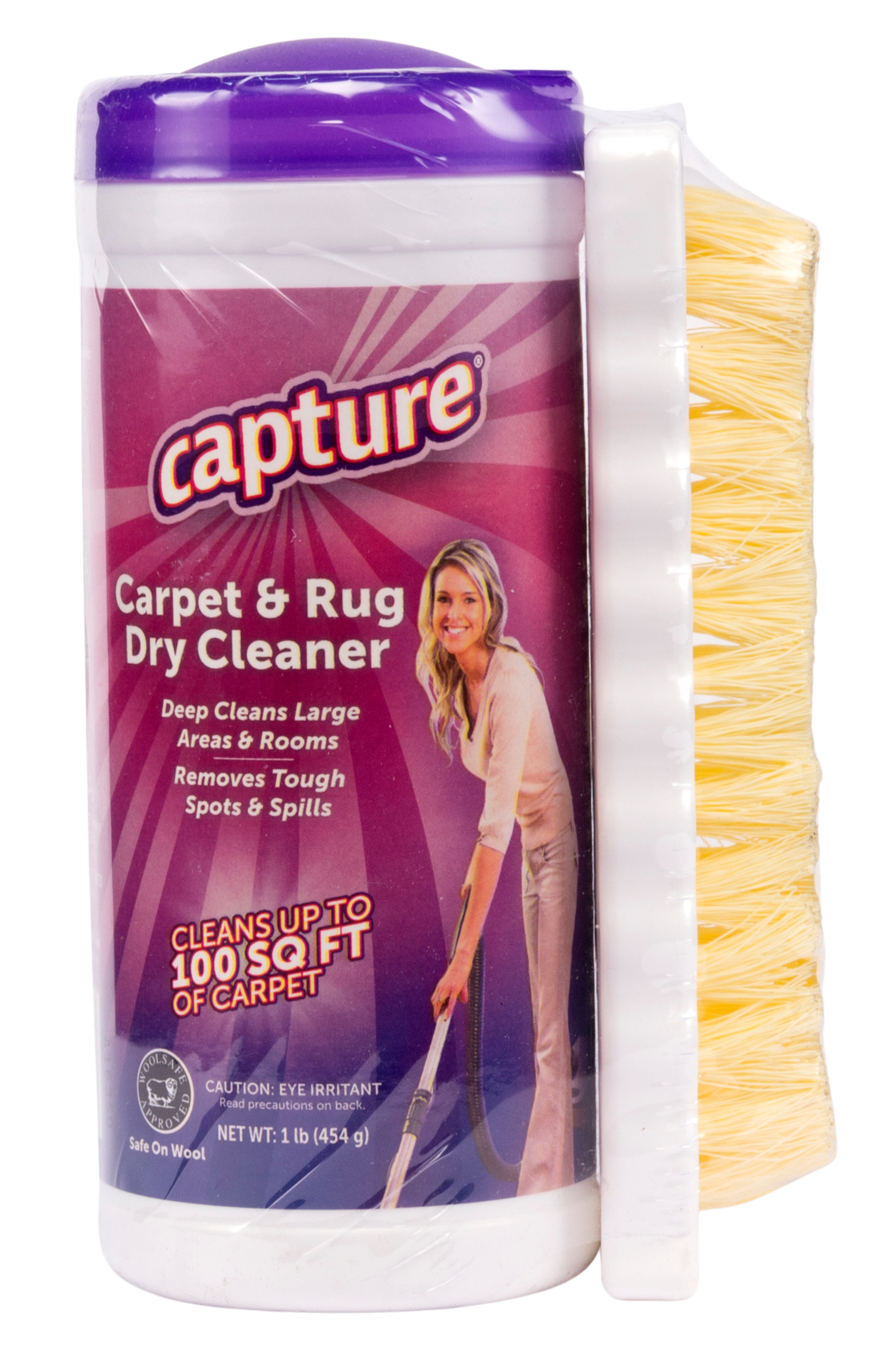 Capture  
Carpet & Rug Dry Cleaner  

Deep Cleans Large Areas & Rooms  
Removes Tough Spots & Spills  

CLEANS UP TO 100 SQ FT OF CARPET  

CAUTION: EYE IRRITANT  
Read precautions on back.  

NET WT: 1 lb (454 g)  
Safe On Wool