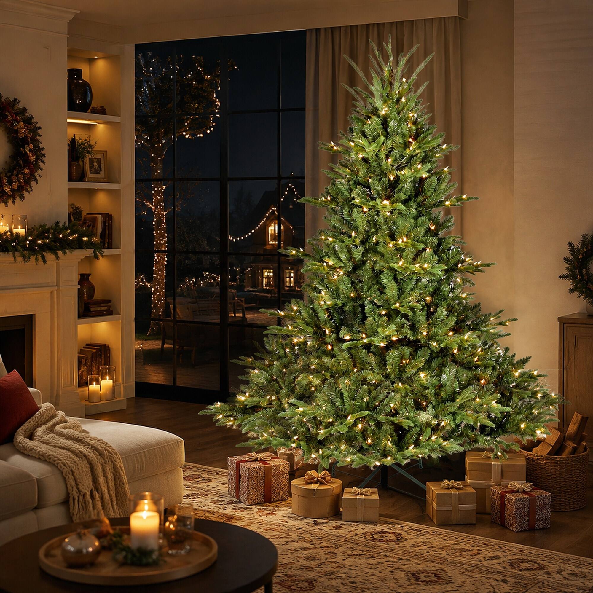 Left. RYHNUYNE - 5FT Full-Shape Pre-Lit Christmas Tree, 350 Lights 1129 Tips PE/PVC Mixed Branches Wide Base Stable Metal Stand - Green.