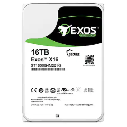 Sure, here is the corrected and grouped text from the image:
---
**EXOS ENTERPRISE**
**16TB SECURE**
**Exos™ X16**
**ST16000NM001G**
**CE 20 e 033027**
**Rans TUV K**
**LR US**
**Singapore Intl HO Pte. Ltd**
**Koolhovenlaan 1, 1119 NB Schiphol-Rijk, The Netherlands**
**CAN ICES-3 (B) / NMB-3 (B)**
**HDD Mfg by Seagate Technology LLC**
**+5V 0.XX A**
**+12V 0.XX A**
---
This text is organized to reflect the information as it appears on the label.