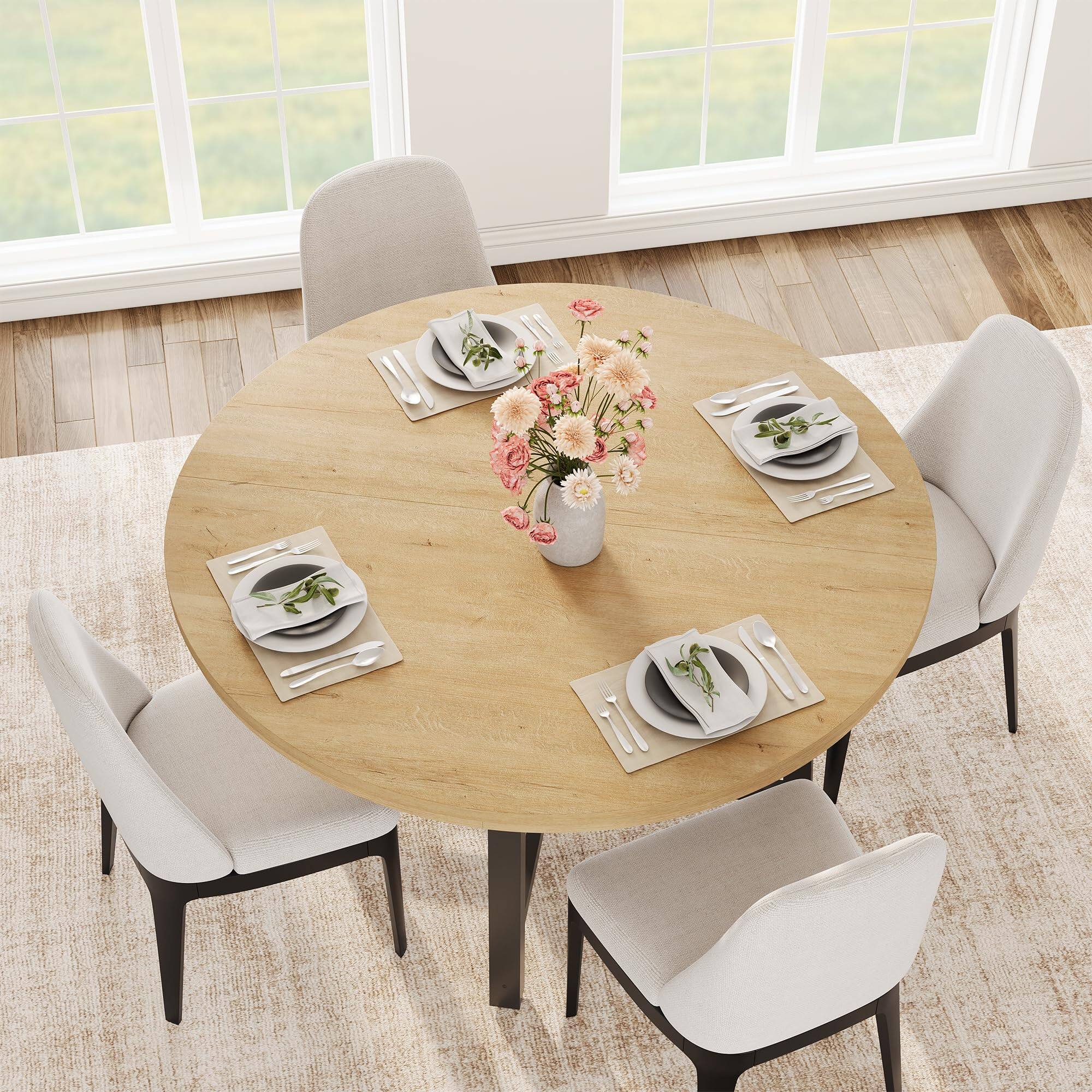 Left. Acekool - 47" Round Dining Table for 4, Modern Industrial Kitchen Table with Thick Tabletop & Sturdy Metal Base - Natural.