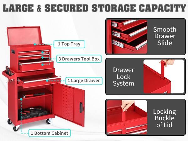 LARGE & SECURED STORAGE CAPACITY

- 1 Top Tray
- 3 Drawers Tool Box
- 1 Large Drawer
- 1 Bottom Cabinet

Smooth Drawer Slide

Drawer Lock System

Locking Buckle of Lid