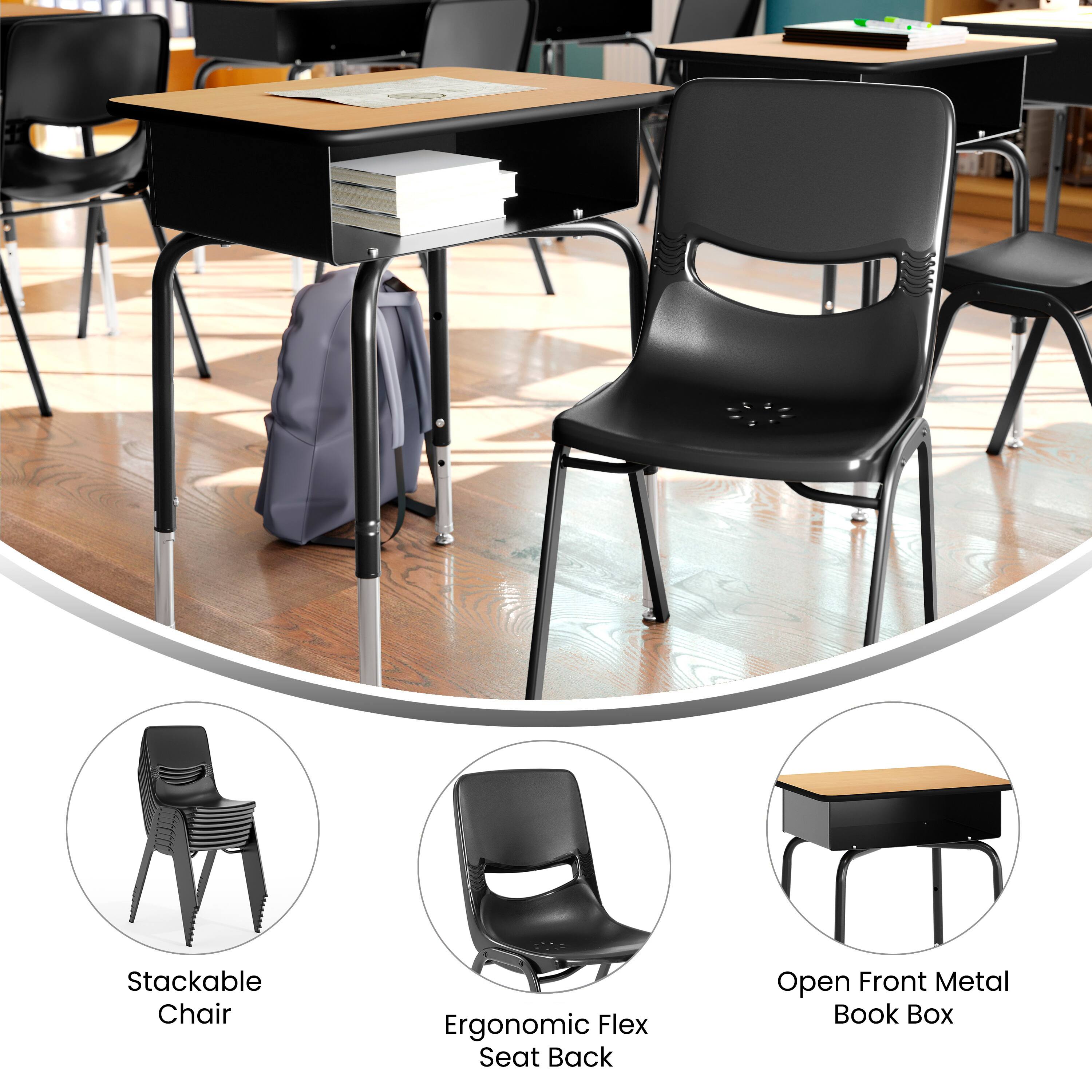 Stackable Chair  
Ergonomic Flex Seat Back  
Open Front Metal Book Box