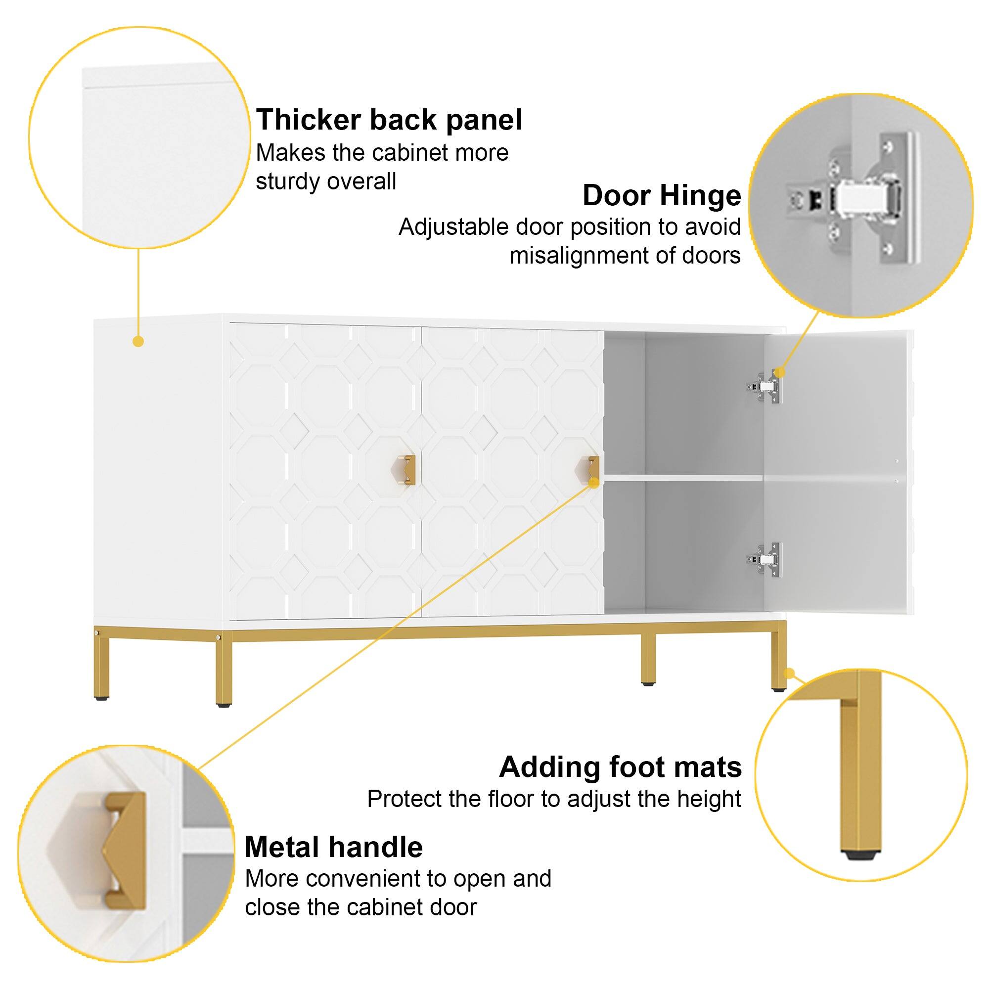 - Thicker back panel: Makes the cabinet more sturdy overall
- Door Hinge: Adjustable door position to avoid misalignment of doors
- Adding foot mats: Protect the floor to adjust the height
- Metal handle: More convenient to open and close the cabinet door