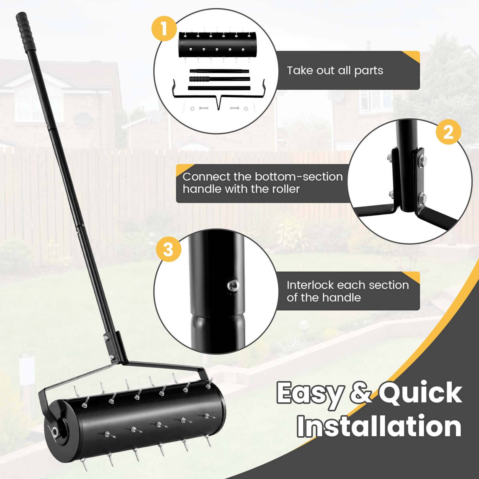 1. Take out all parts  
2. Connect the bottom-section handle with the roller  
3. Interlock each section of the handle  

Easy & Quick Installation