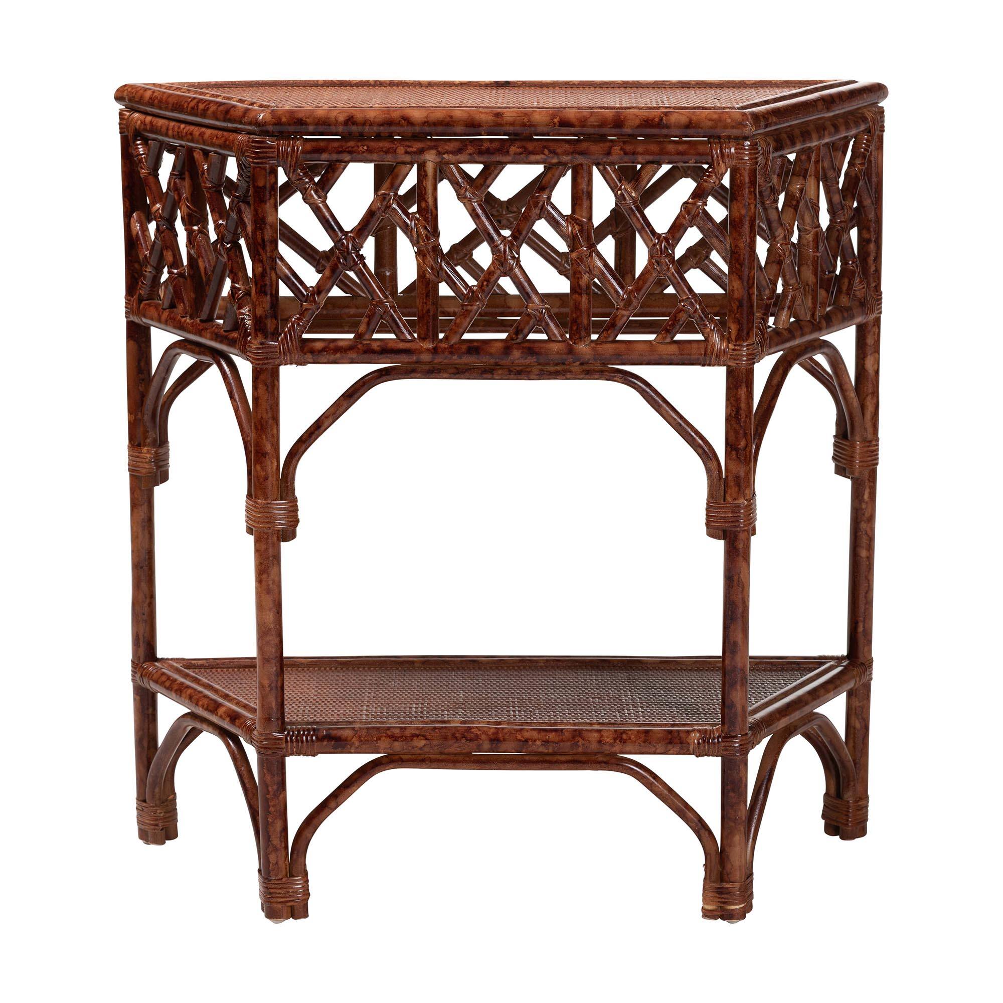 Angle. bali & pari - Gaspar Marbled Tortoise Natural Rattan Console Table - Handcrafted Accent Table with Chippendale Design - Marbled Tortoise Brown.
