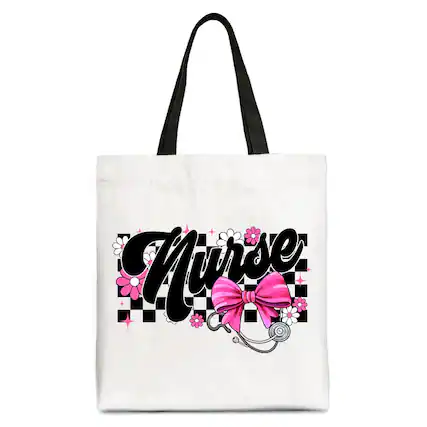 Front. OrnamentallyYou - Nurse Floral Coquette Pink Bow Canvas Tote Bag, Retro Stethoscope Checkered Coworker Gift - White Black.